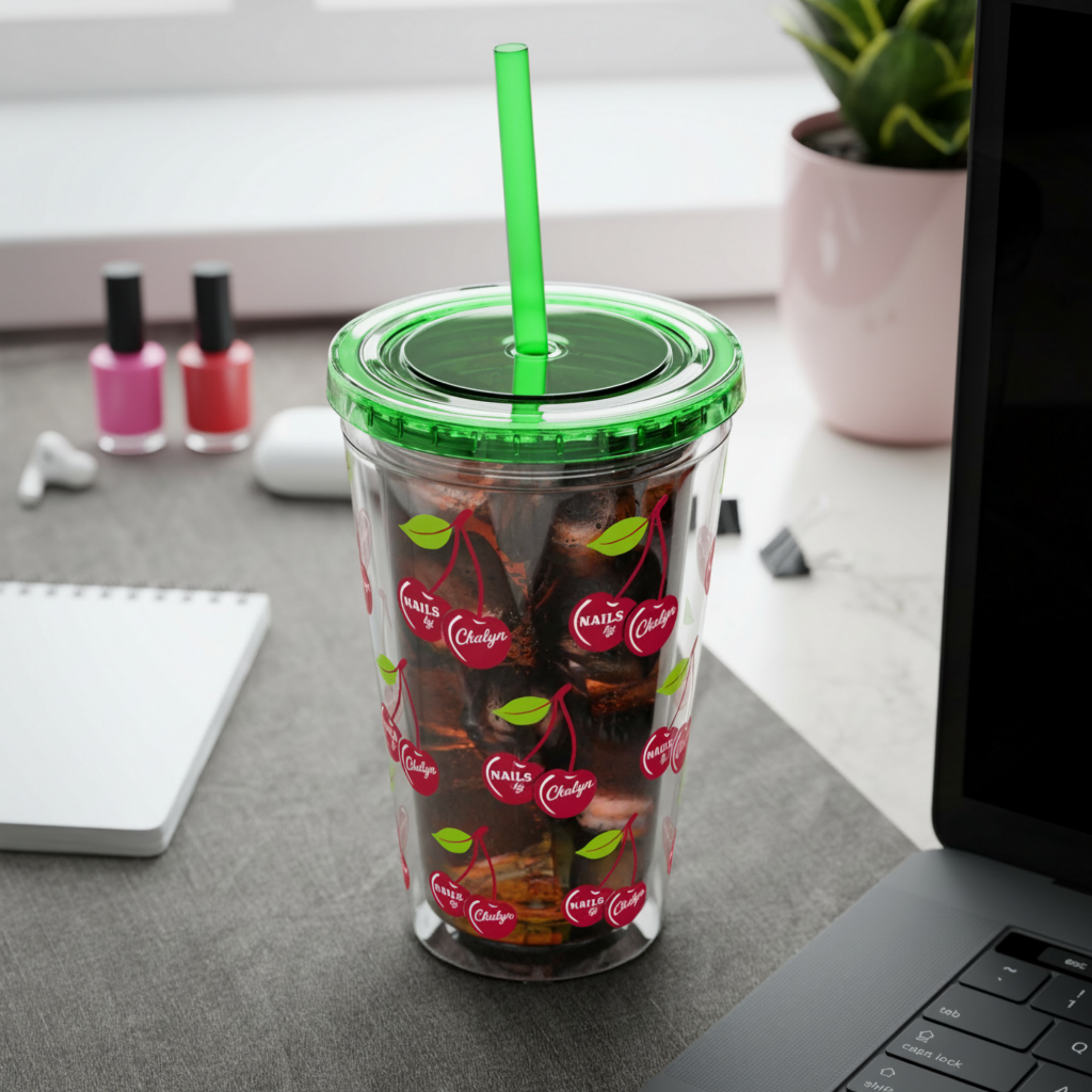 Cherry Pattern 16oz Tumbler with Straw — Reusable Cold Drink Cup product thumbnail image Cherry Pattern 16oz Tumbler with Straw — Reusable Cold Drink Cup product thumbnail image