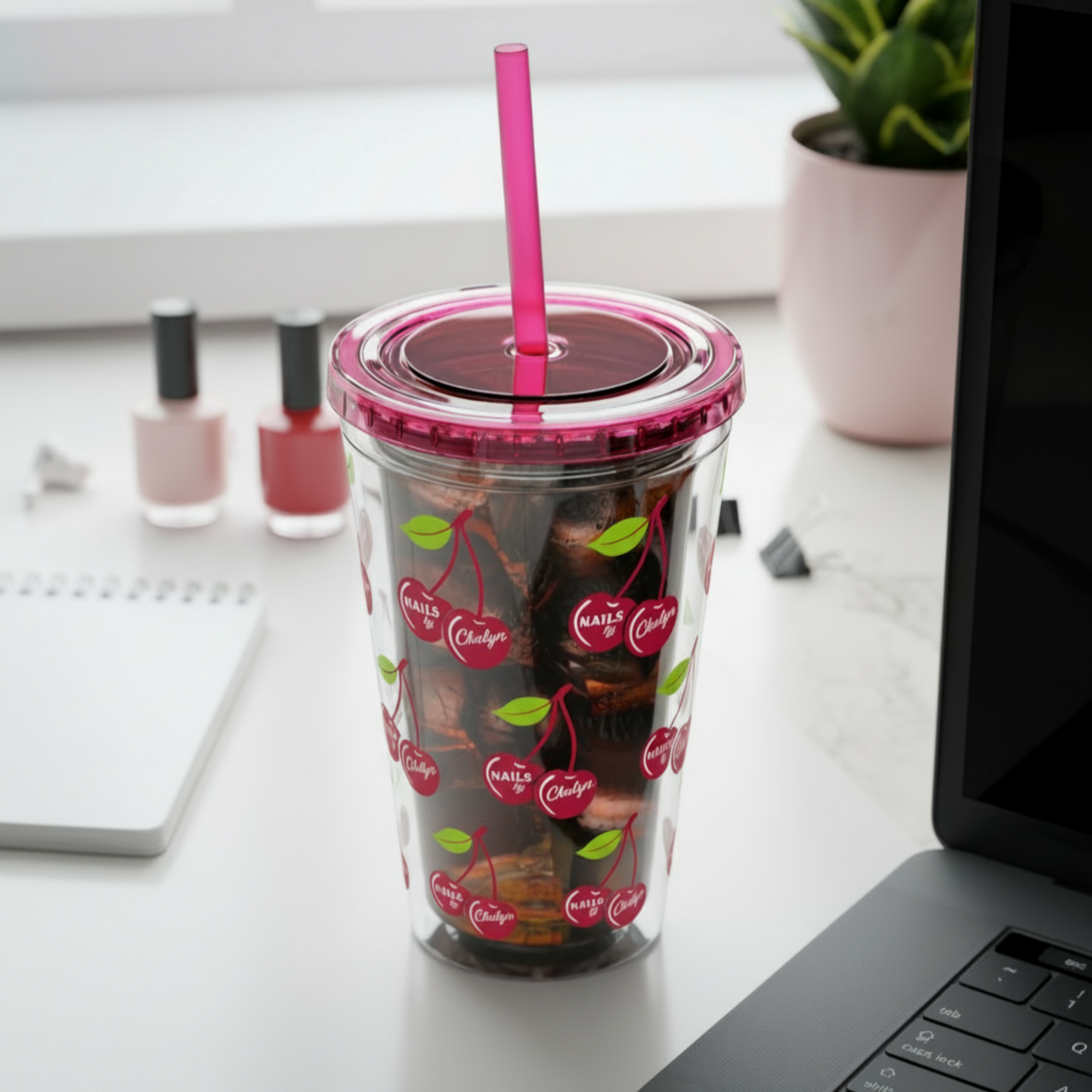Cherry Pattern 16oz Tumbler with Straw — Reusable Cold Drink Cup product thumbnail image