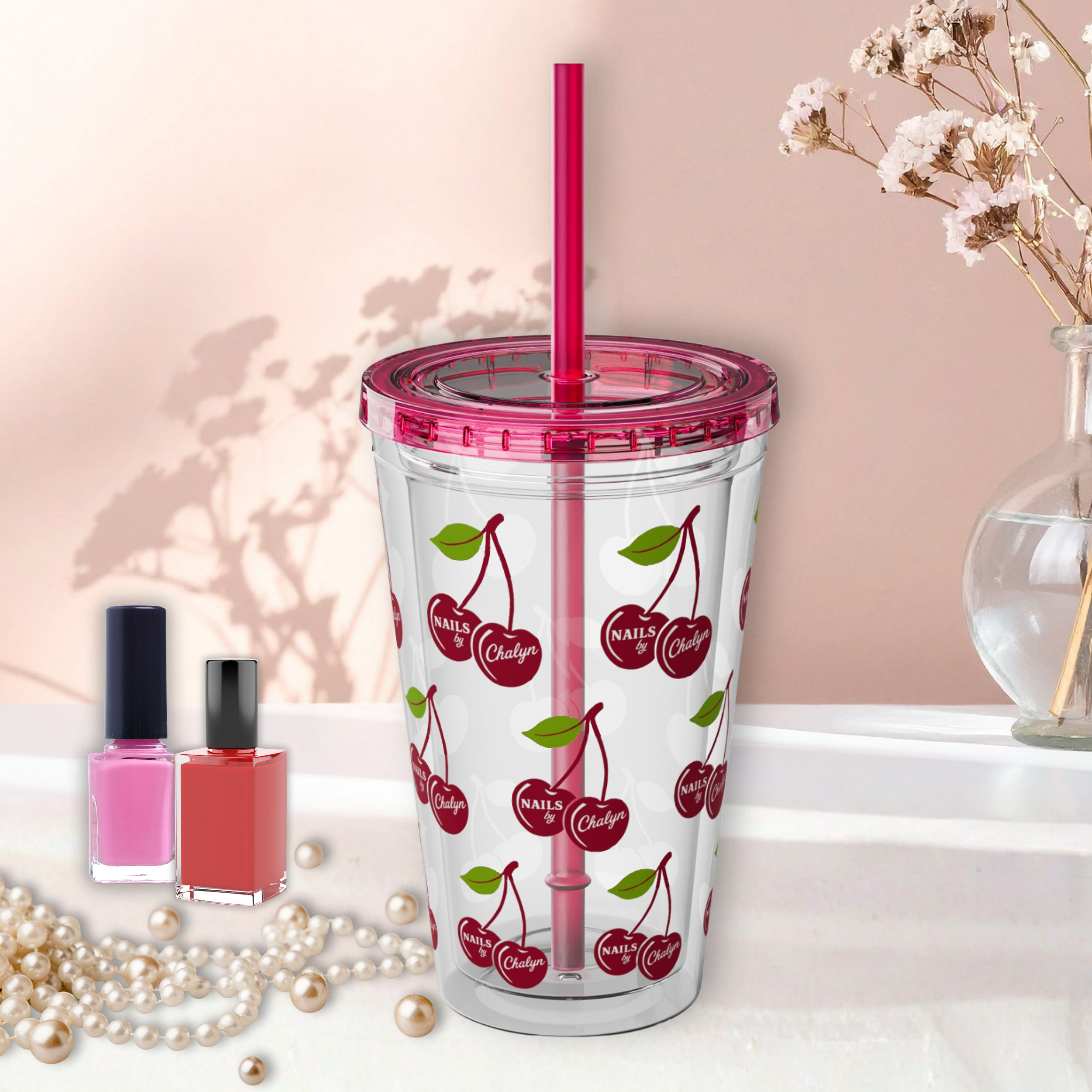 Cherry Pattern 16oz Tumbler with Straw — Reusable Cold Drink Cup product thumbnail image Cherry Pattern 16oz Tumbler with Straw — Reusable Cold Drink Cup product thumbnail image