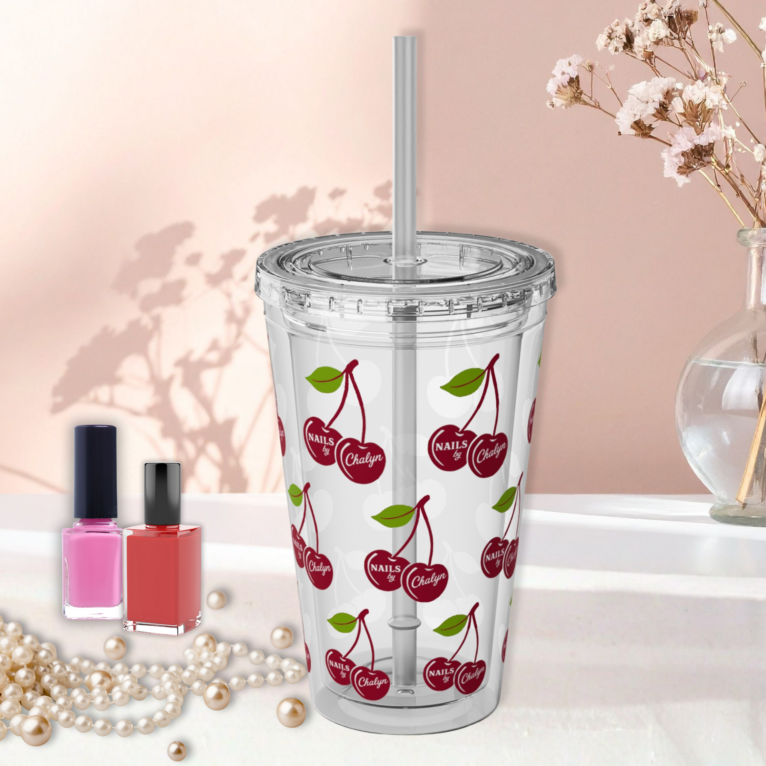 Cherry Pattern 16oz Tumbler with Straw — Reusable Cold Drink Cup product thumbnail image Cherry Pattern 16oz Tumbler with Straw — Reusable Cold Drink Cup product thumbnail image