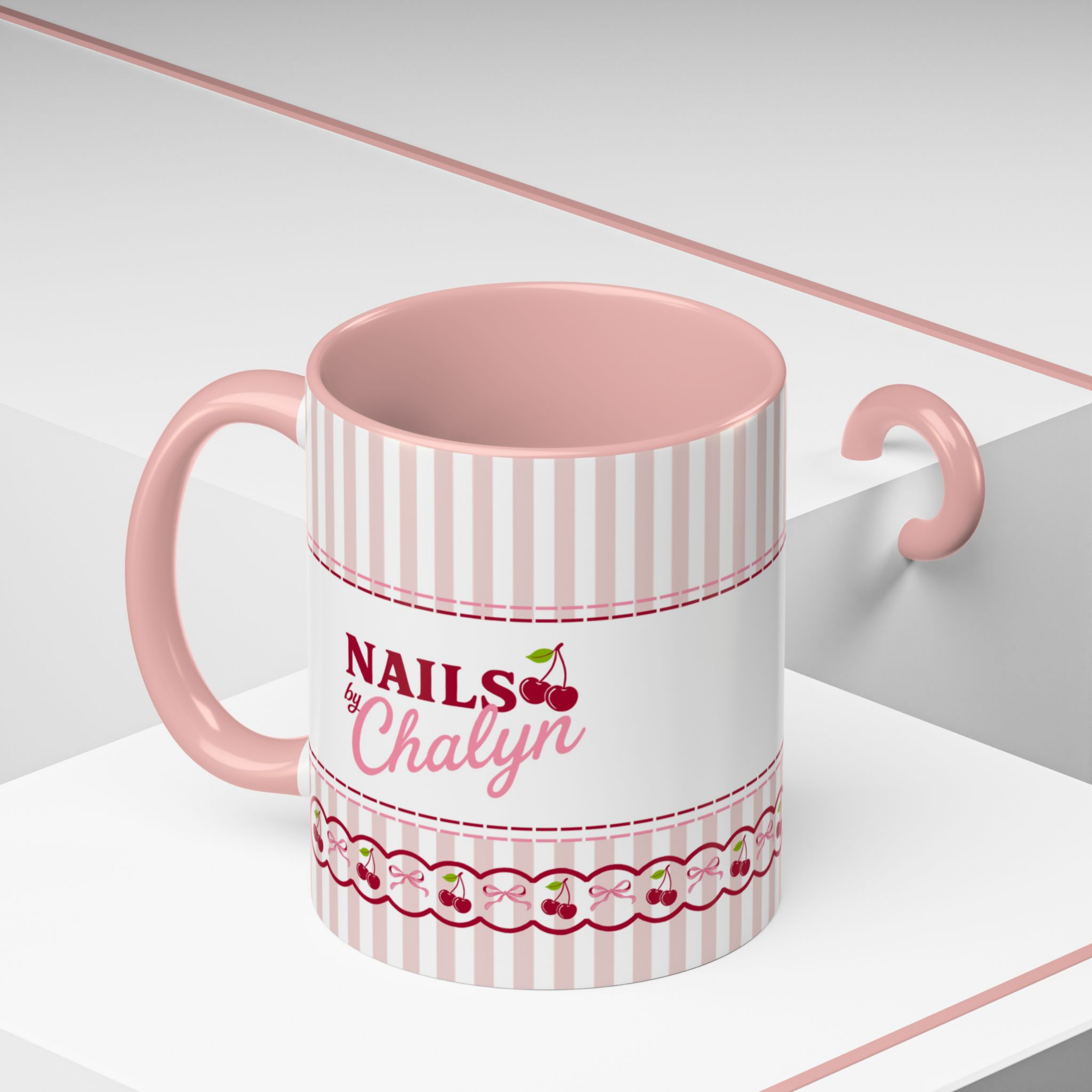 Vintage Stripe Coffee Mug — 'Nails by Chalyn' Pink Accent Logo