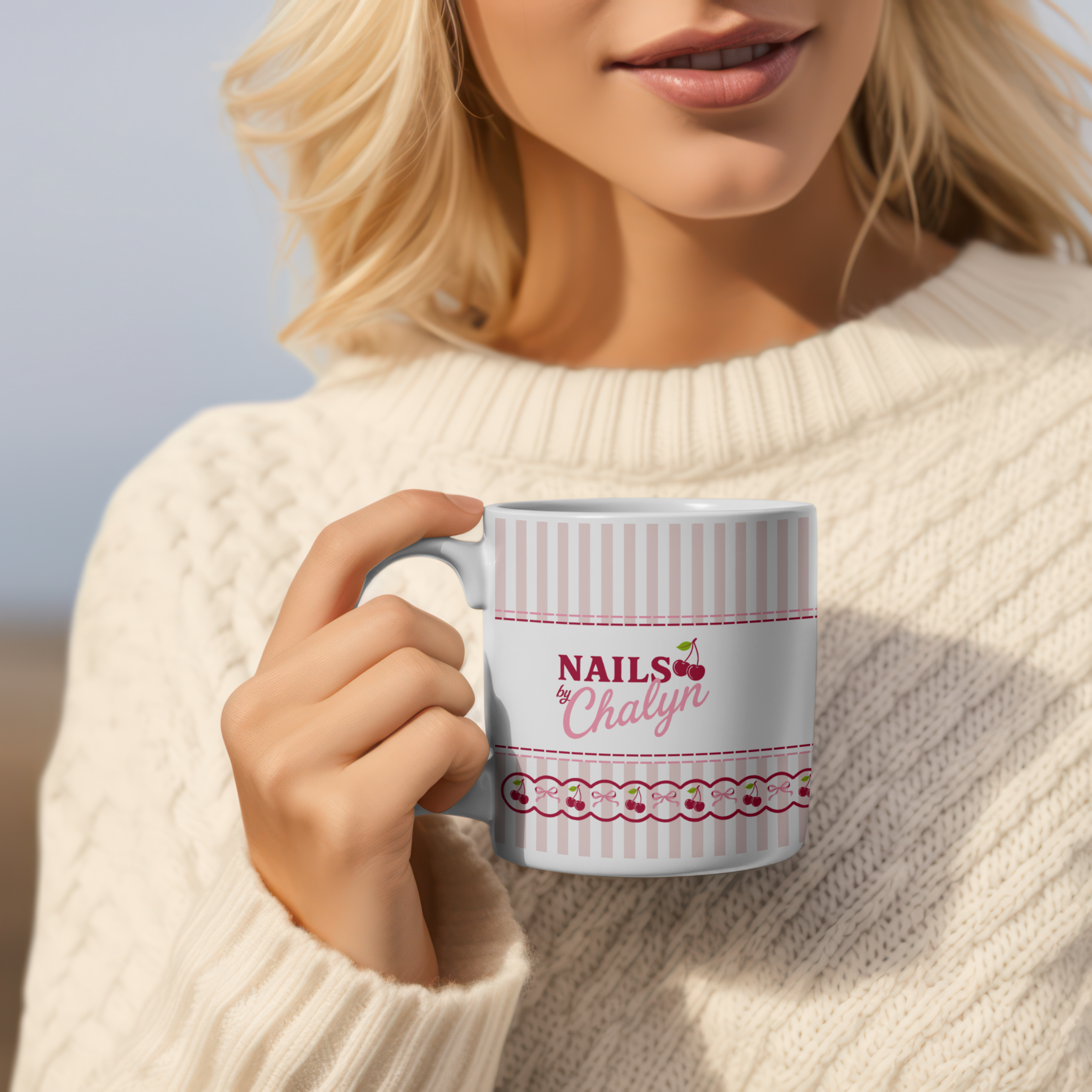 Vintage Stripe Coffee Mug — 'Nails by Chalyn' Pink Accent Logo product thumbnail image Vintage Stripe Coffee Mug — 'Nails by Chalyn' Pink Accent Logo product thumbnail image