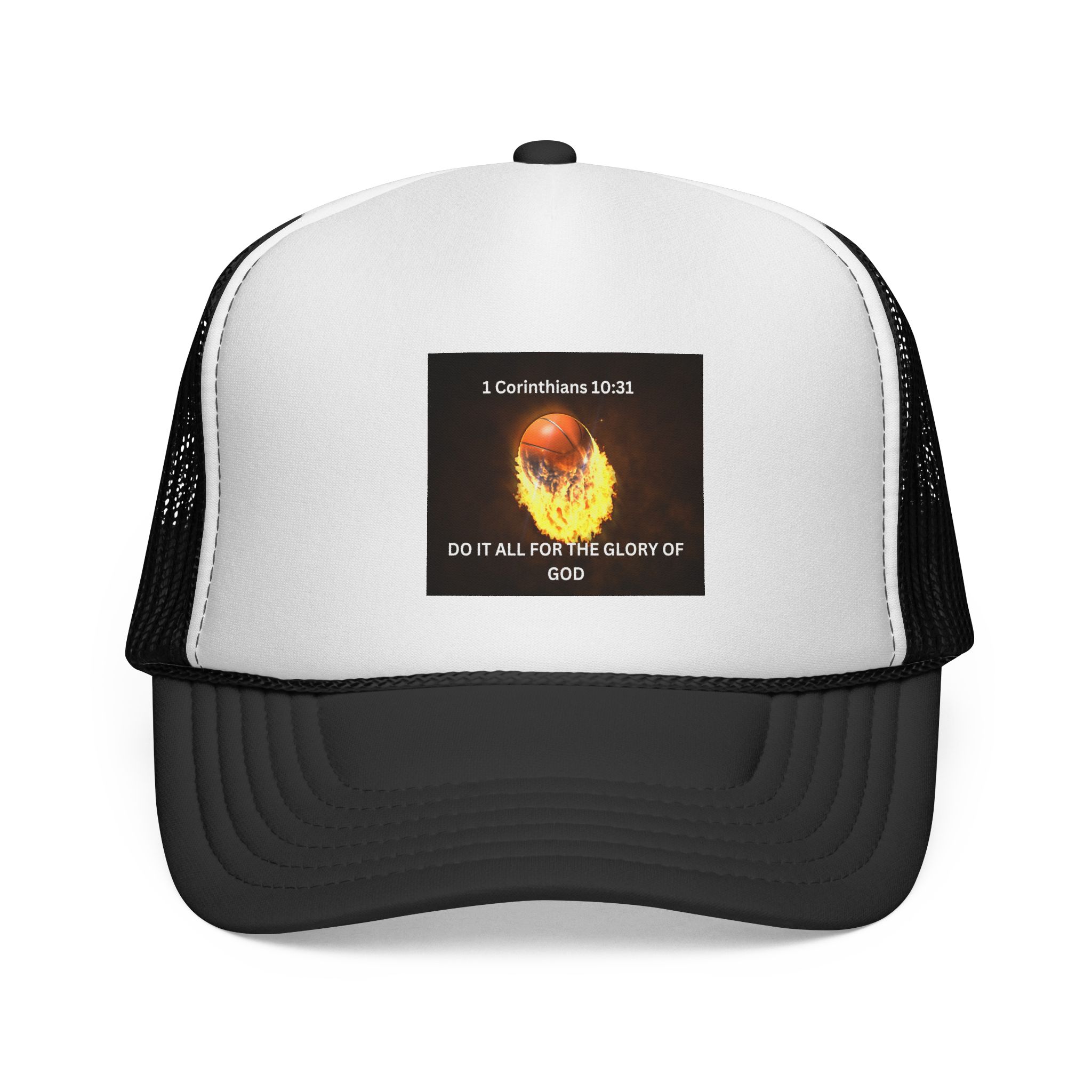 Christian Trucker Hat - 1 Corinthians 10:31 'Do It All For The Glory of God' Flame Design
