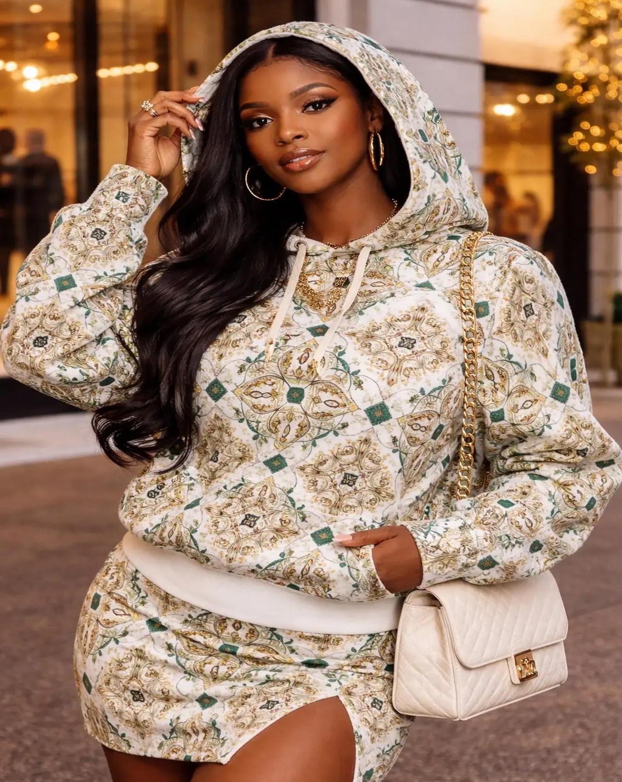 Rich Bich Ornate Green Tile Hoodie — All-Over Print Pullover with Gold Crest