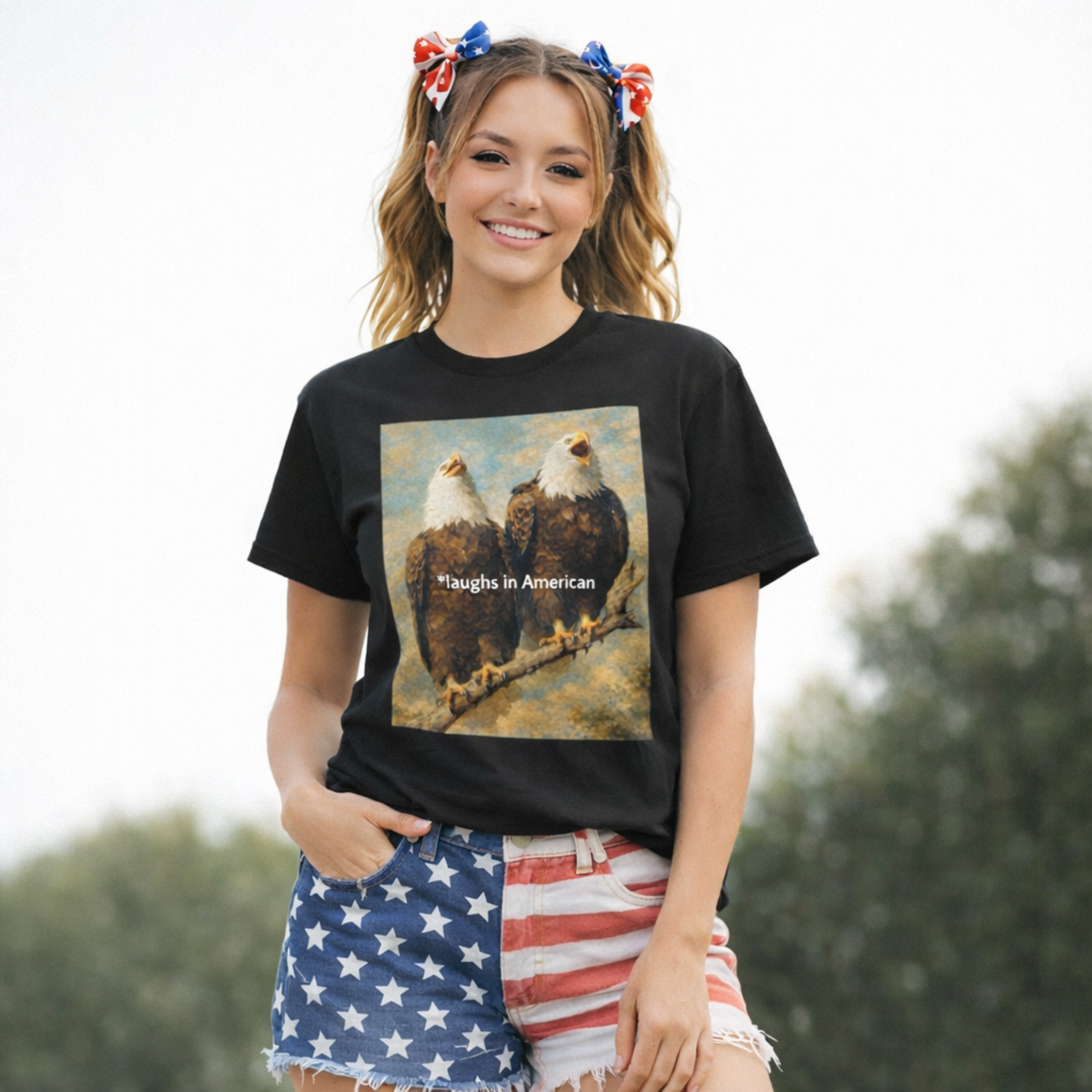 Graphic Tee — 'Laughs in American' Bald Eagles Vintage Art product thumbnail image Graphic Tee — 'Laughs in American' Bald Eagles Vintage Art product thumbnail image