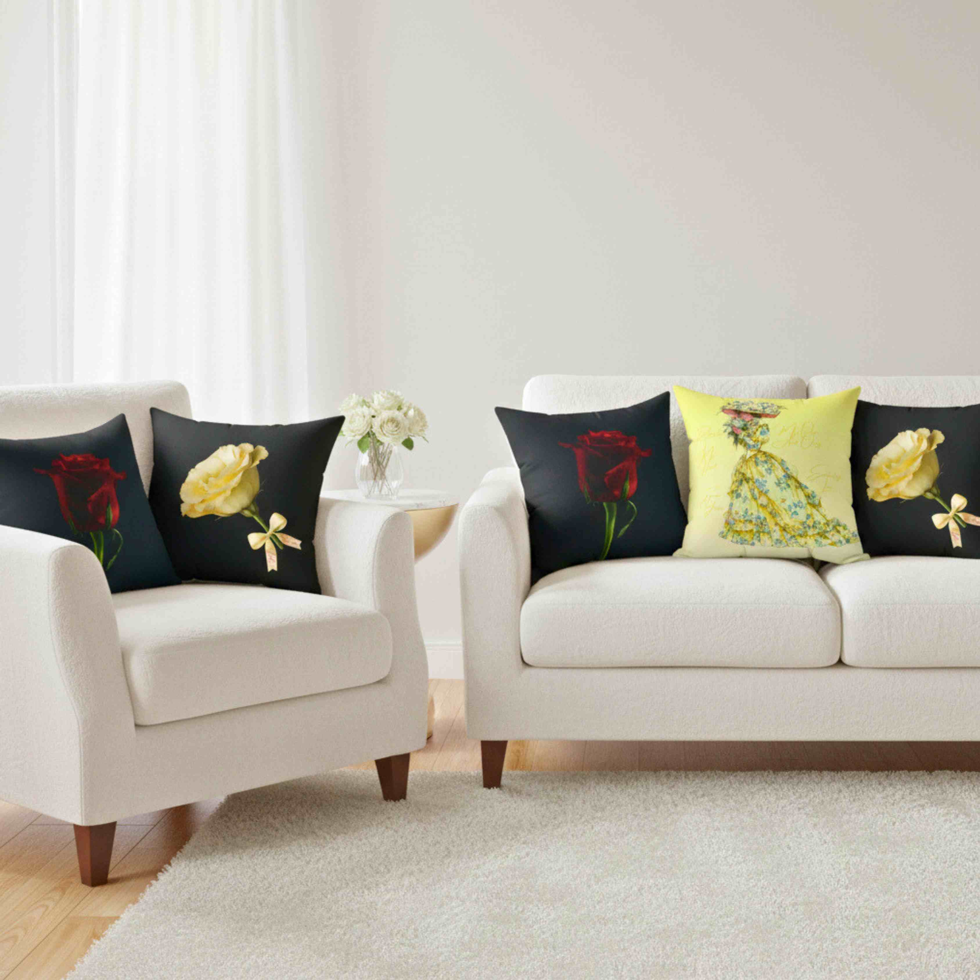 Yellow Rose Illustration Pillow | Floral Accent, Black Background product thumbnail image Yellow Rose Illustration Pillow | Floral Accent, Black Background product thumbnail image