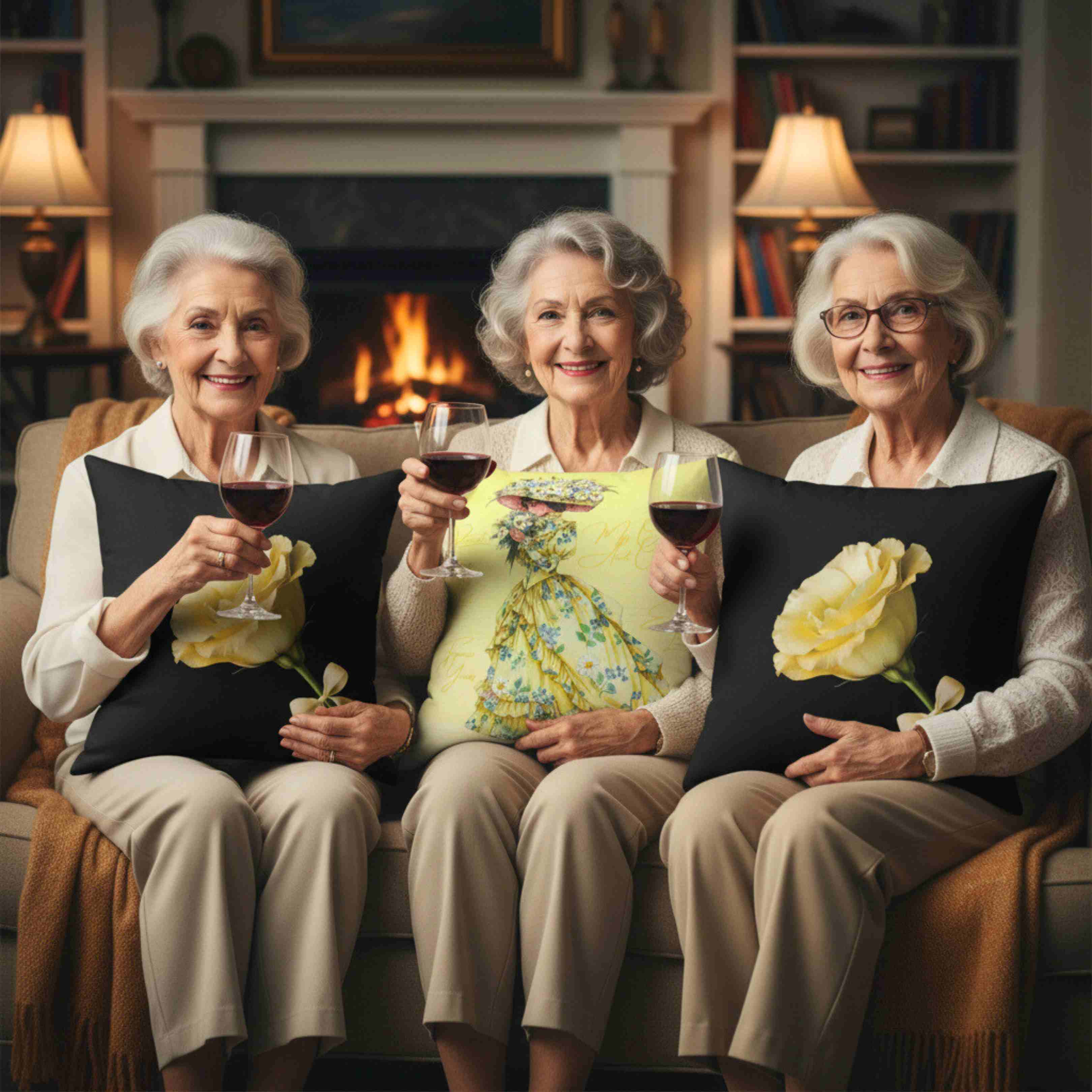 Yellow Rose Illustration Pillow | Floral Accent, Black Background product thumbnail image