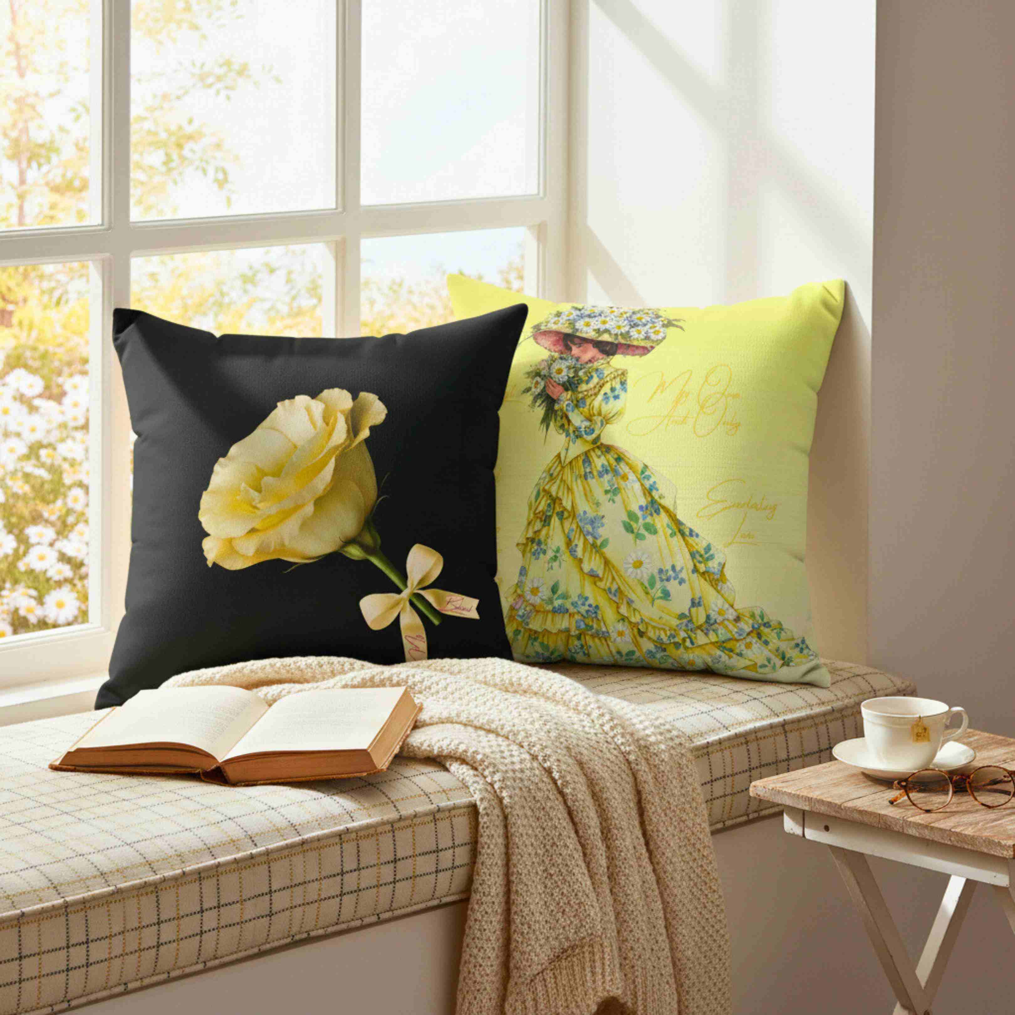 Yellow Rose Illustration Pillow | Floral Accent, Black Background product thumbnail image