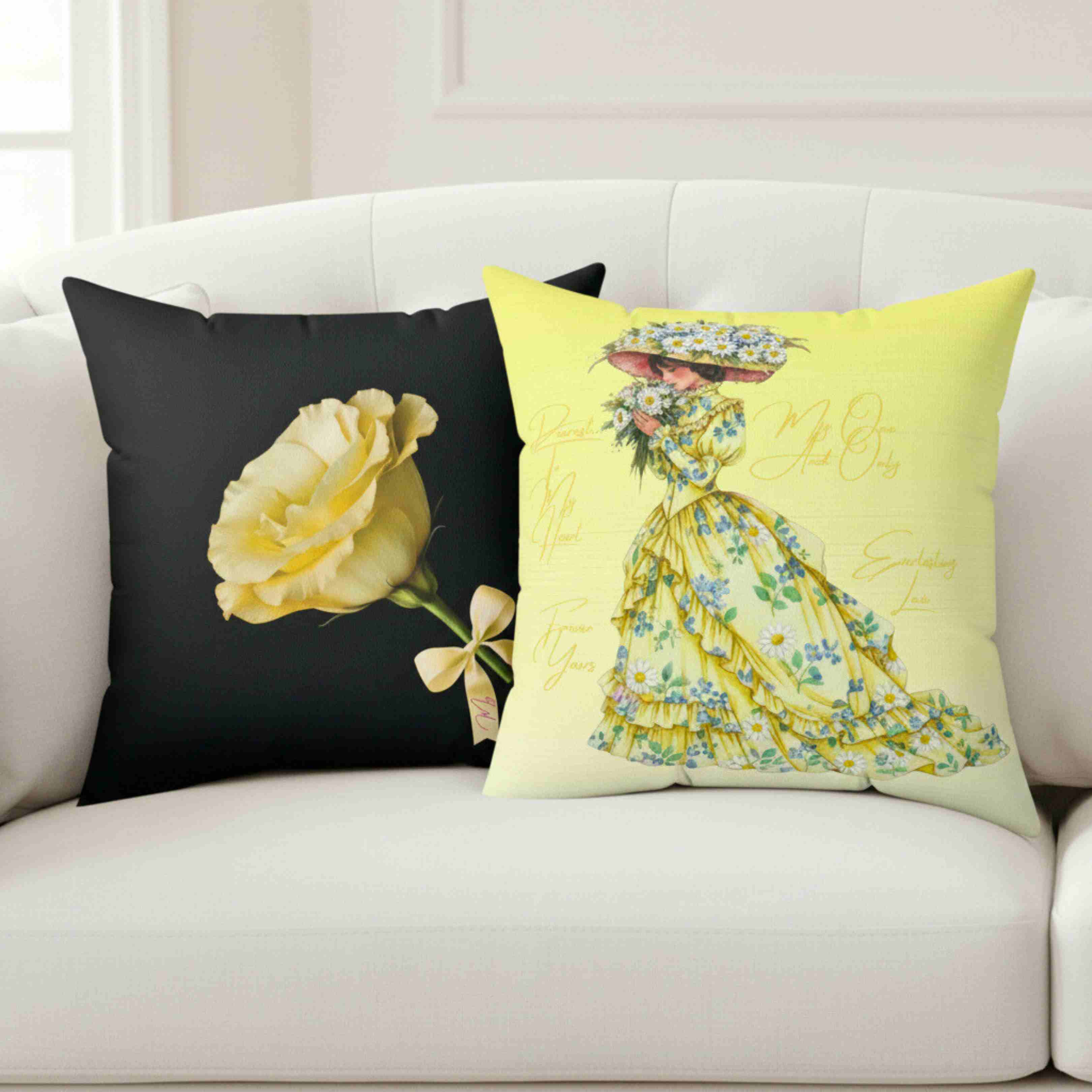Yellow Rose Illustration Pillow | Floral Accent, Black Background product thumbnail image