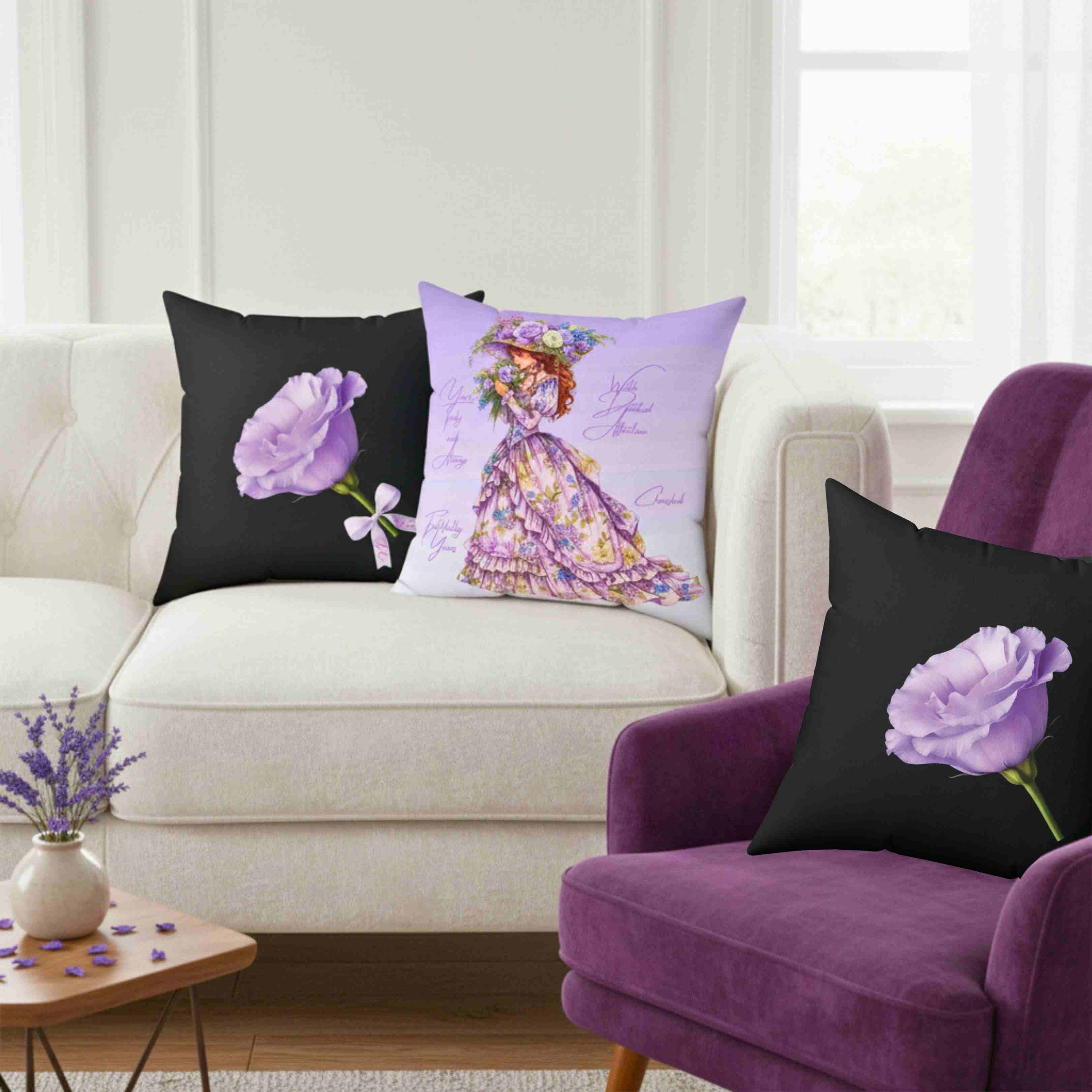 Lavender Lisianthus Pillow Spun Polyester Square Pillow | Floral Throw Cushion product thumbnail image