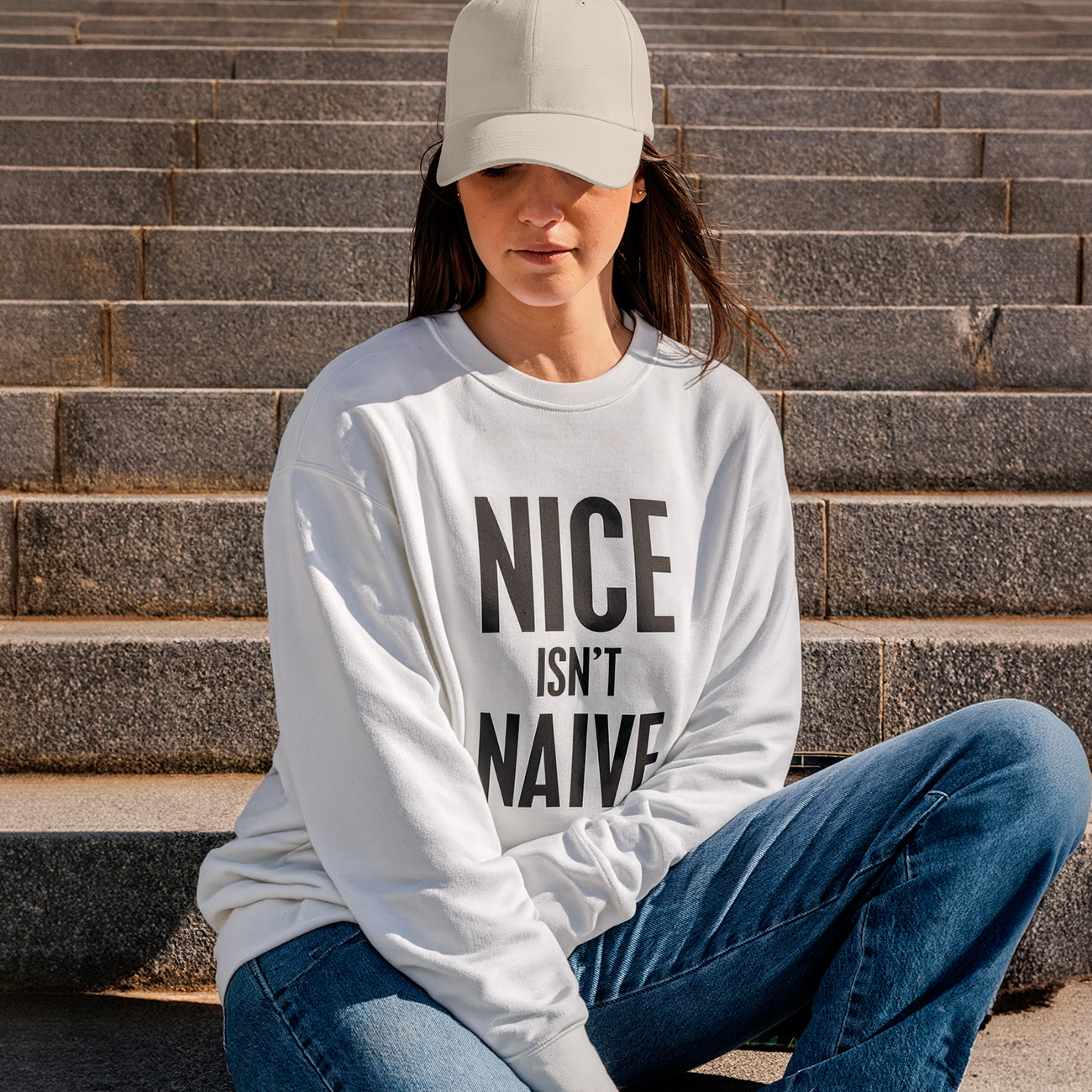 Crewneck Sweatshirt - "Nice Isn't Naive" Bold Text Graphic
