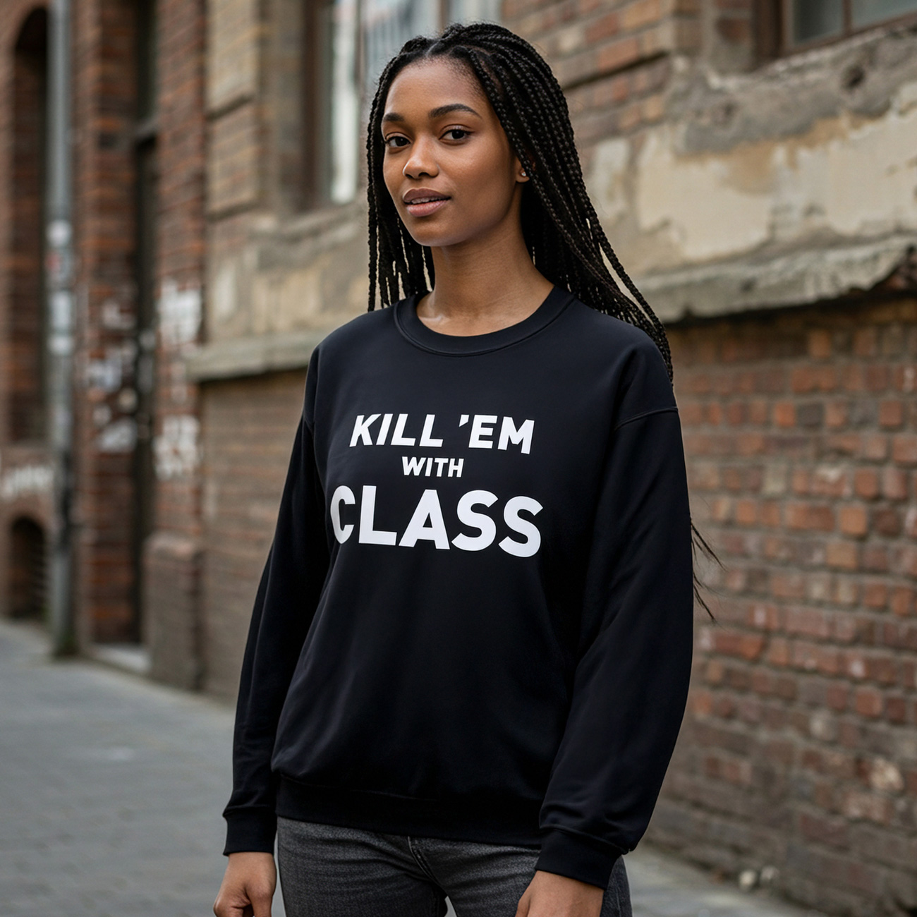 Crewneck Sweatshirt - "Kill 'Em With Class" Bold Typography product thumbnail image Crewneck Sweatshirt - "Kill 'Em With Class" Bold Typography product thumbnail image