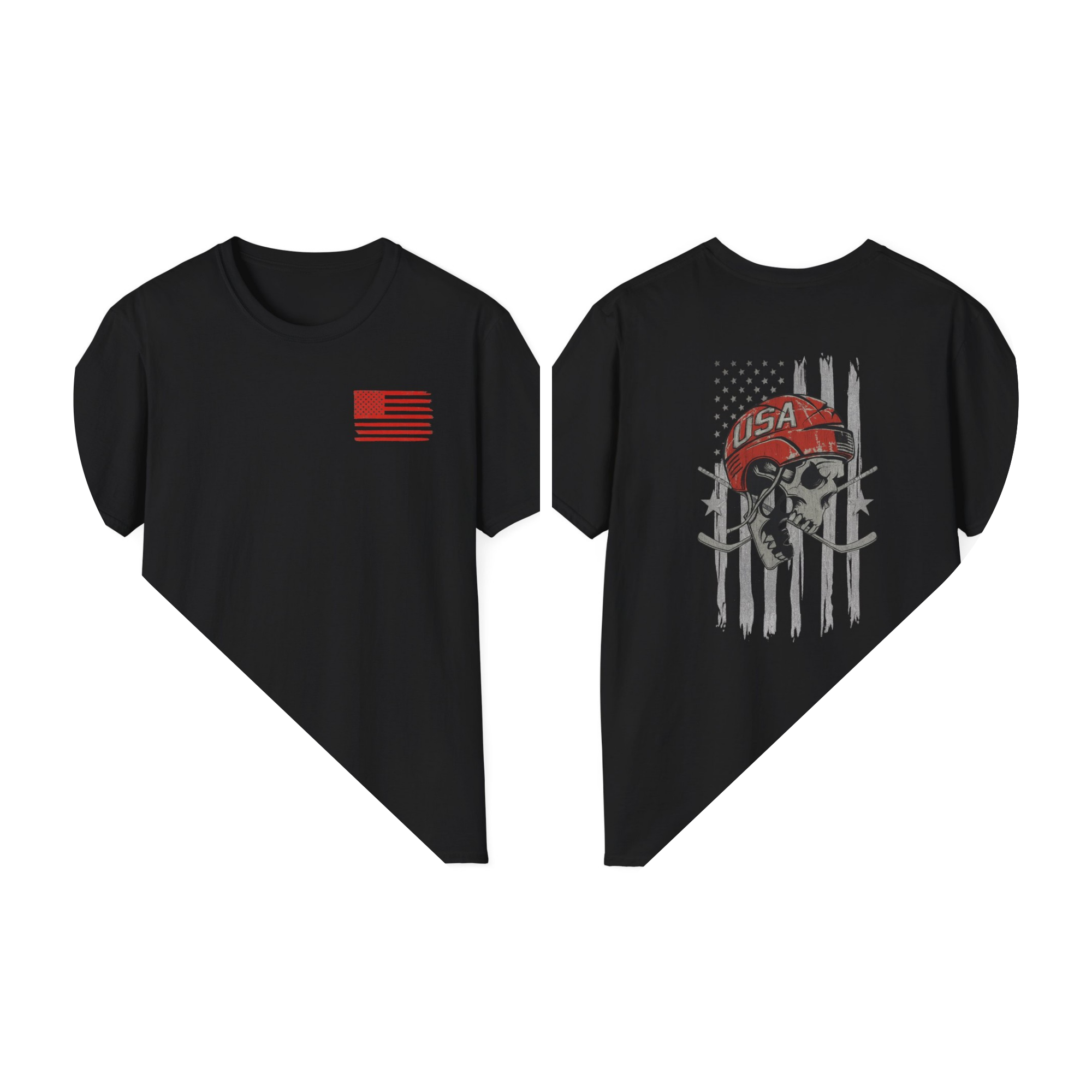 USA Hockey Skull with Distressed American Flag T-Shirt | Red Helmet Skull Tee