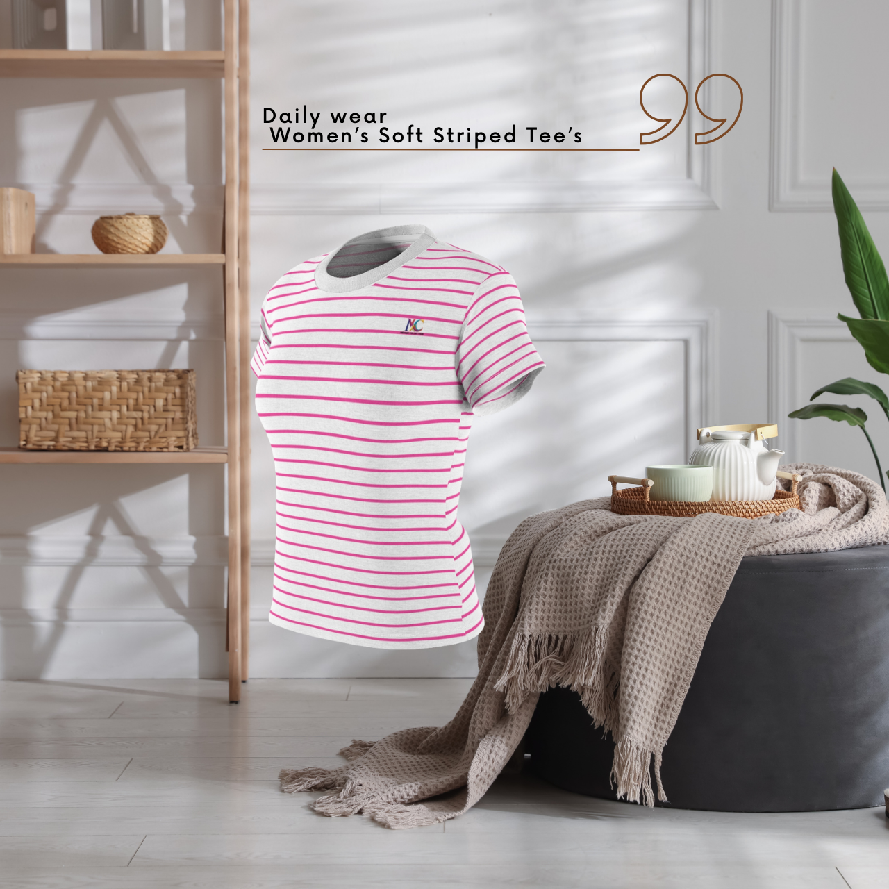 Striped Pink Women's Tee — Casual Cotton-Feel Crewneck product thumbnail image