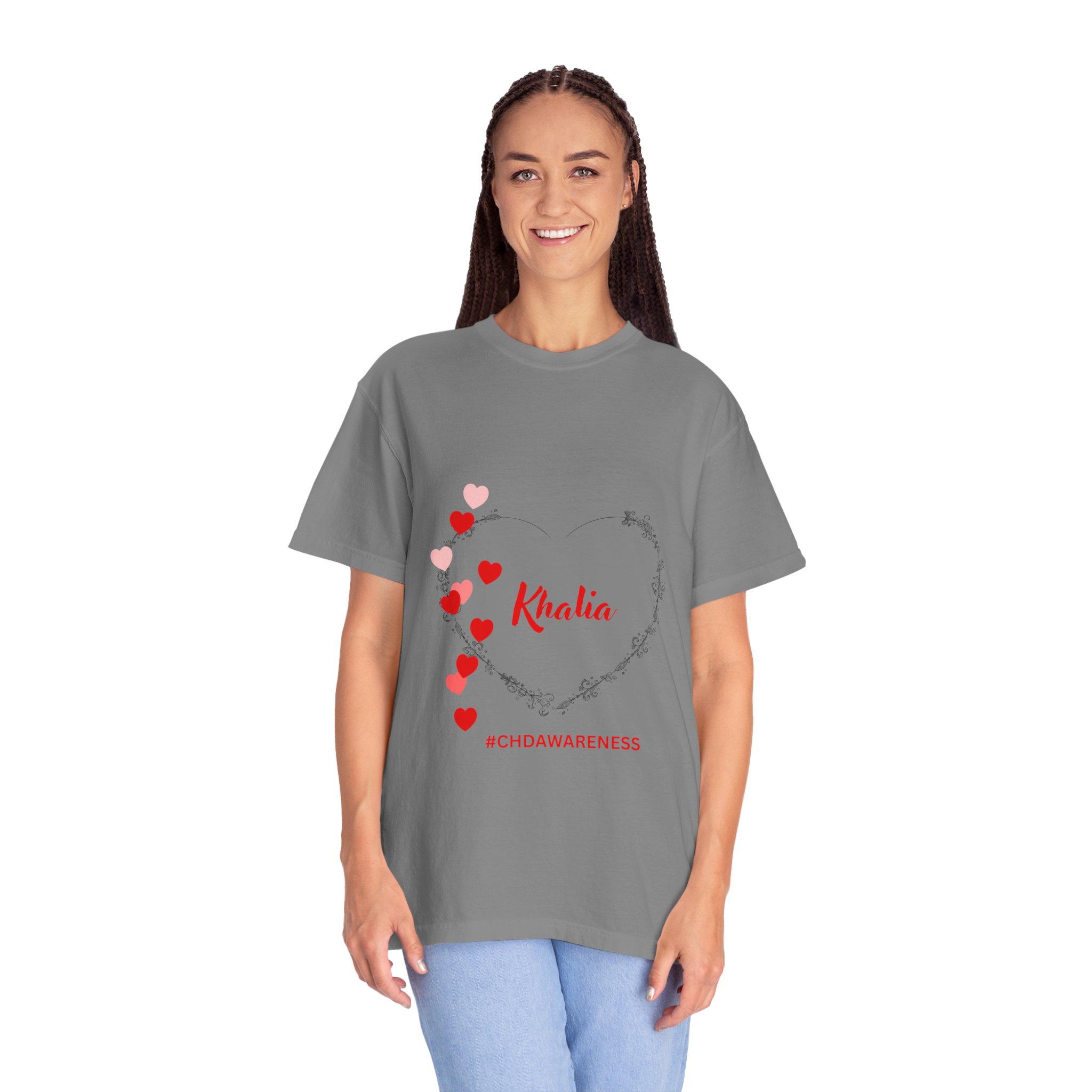 CHD Awareness Heart T-Shirt Red &amp; Pink — "Khalia" Personalized Congenital Heart Defect Support Tee product thumbnail image