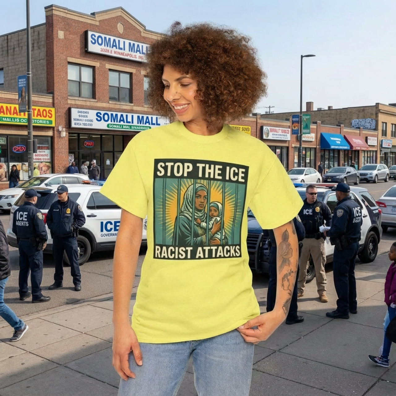 Stop ICE Racist Attacks Tee - Somali Mother and Child Behind Bars