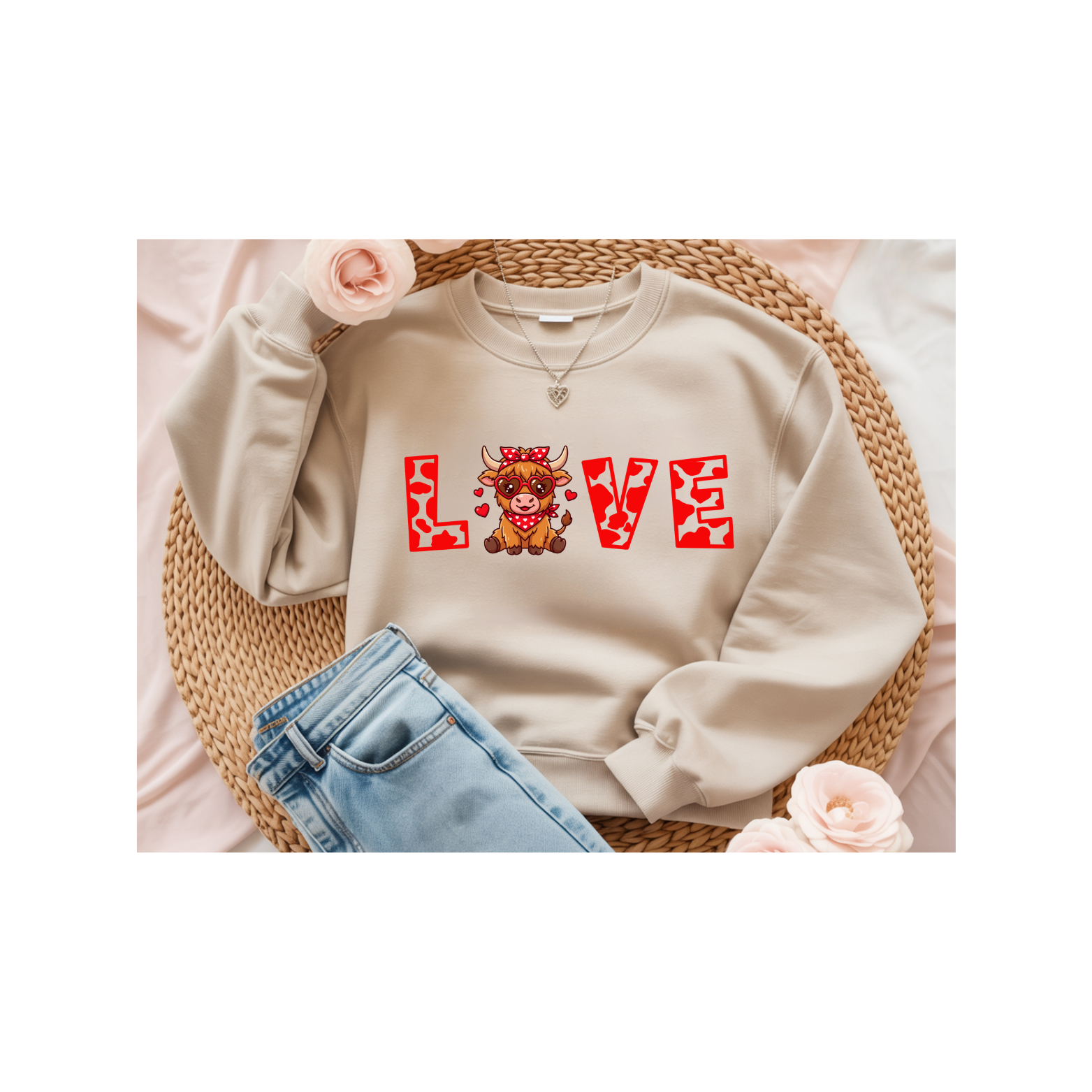 Valentine Love Crewneck Sweatshirt — Cute Highland Cow 'LOVE' Design