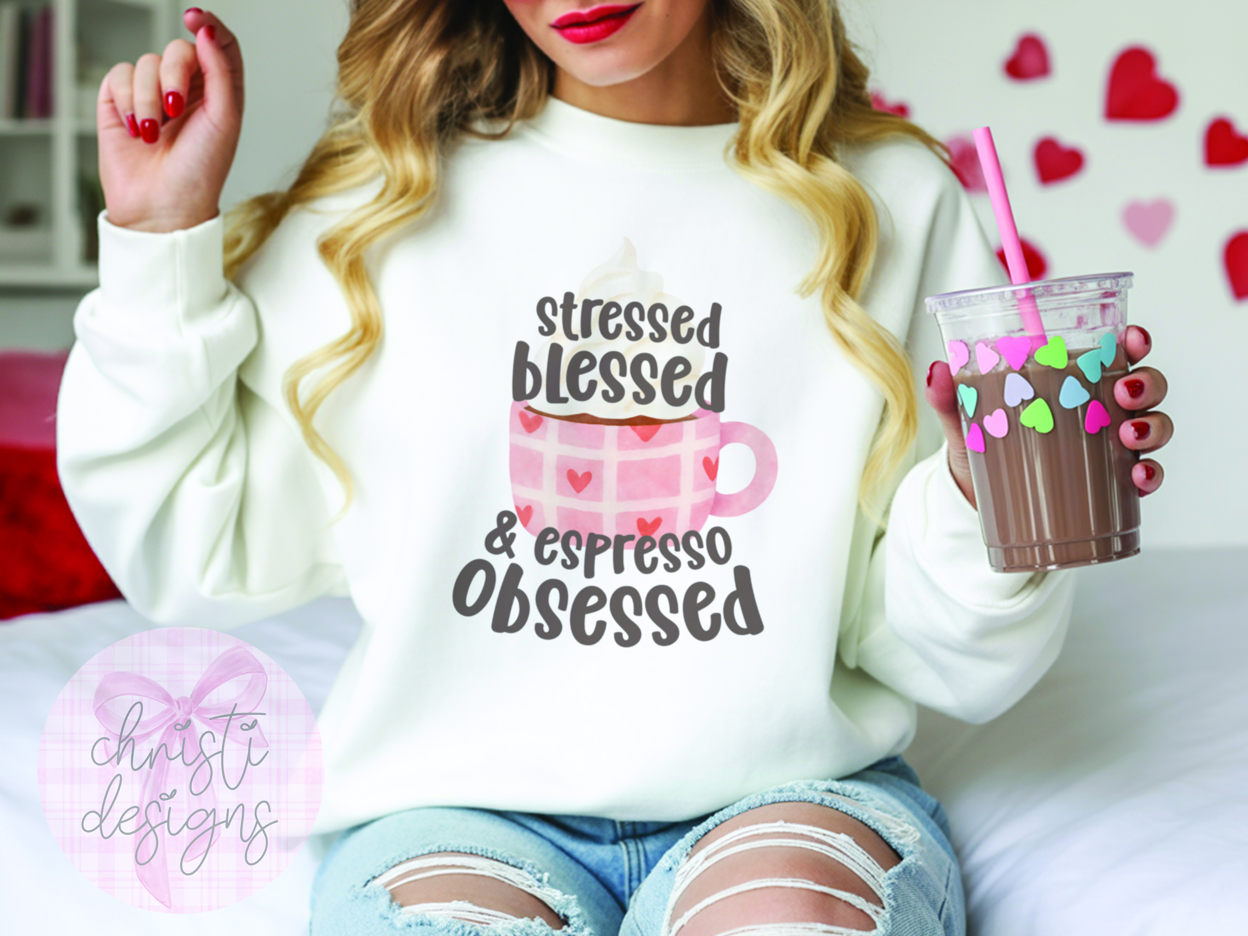 "Stressed, Blessed & Espresso Obsessed" – Powered by Pretty Lattes Sweatshirt product thumbnail image "Stressed, Blessed & Espresso Obsessed" – Powered by Pretty Lattes Sweatshirt product thumbnail image