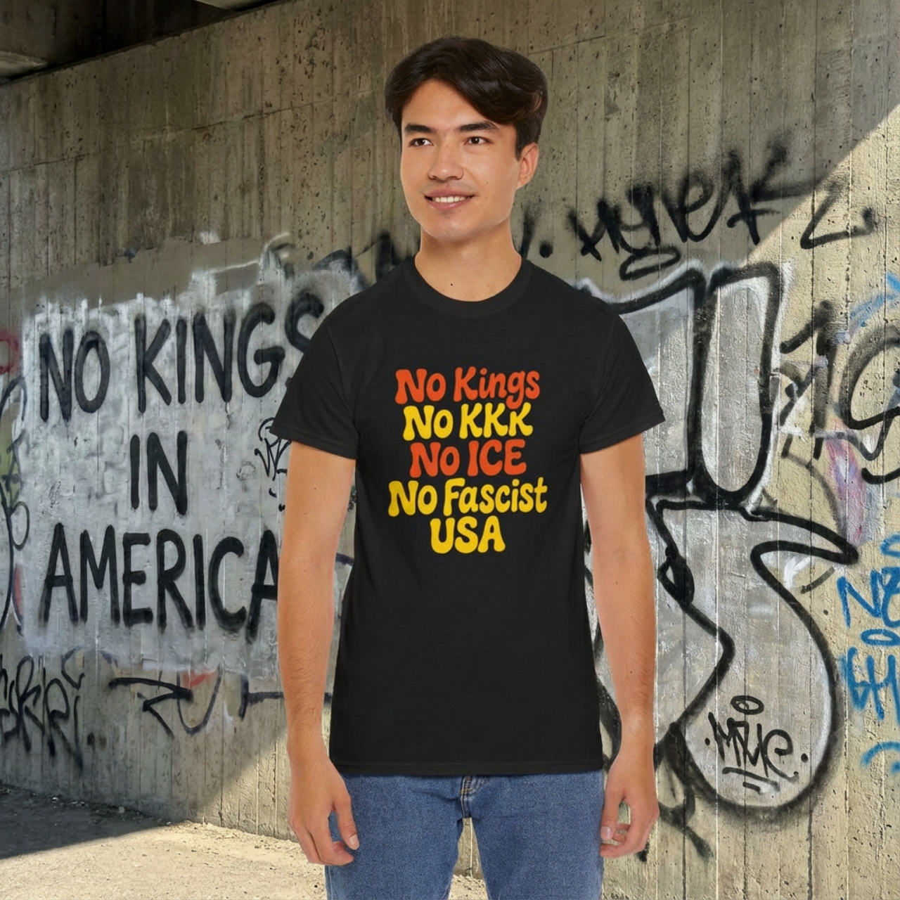 Political T-Shirt — "No Kings No KKK No ICE No Fascist USA" Retro Protest Tee product thumbnail image