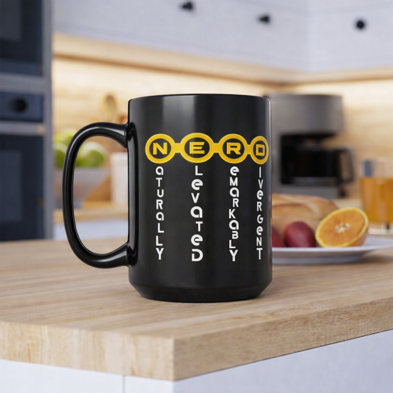 NERD 15 oz Black Coffee Mug — Futuristic Yellow Circle Letter Graphic Tee