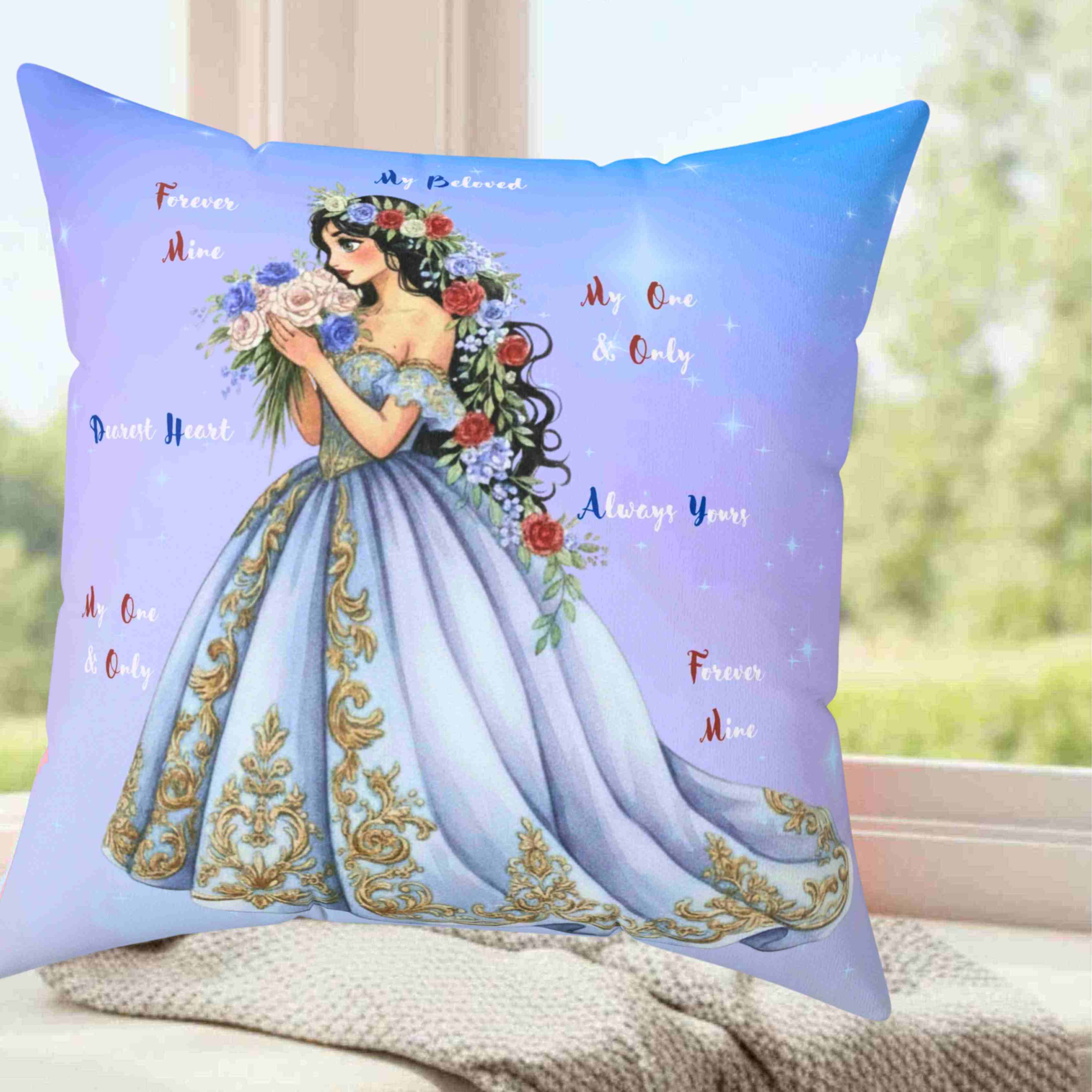Romantic Princess Floral Gown Decorative Pillow, Square Washable Cushion