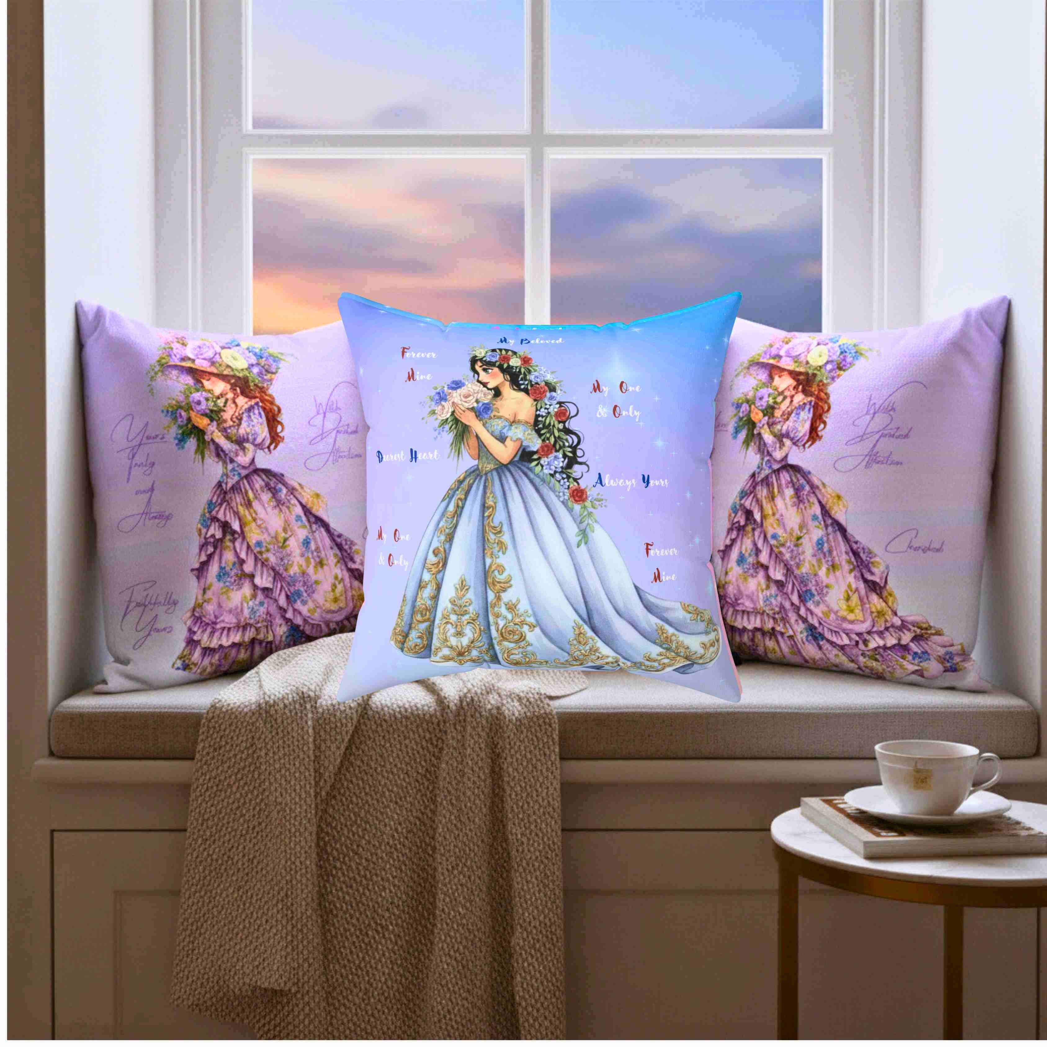 Romantic Princess Floral Gown Decorative Pillow, Square Washable Cushion product thumbnail image