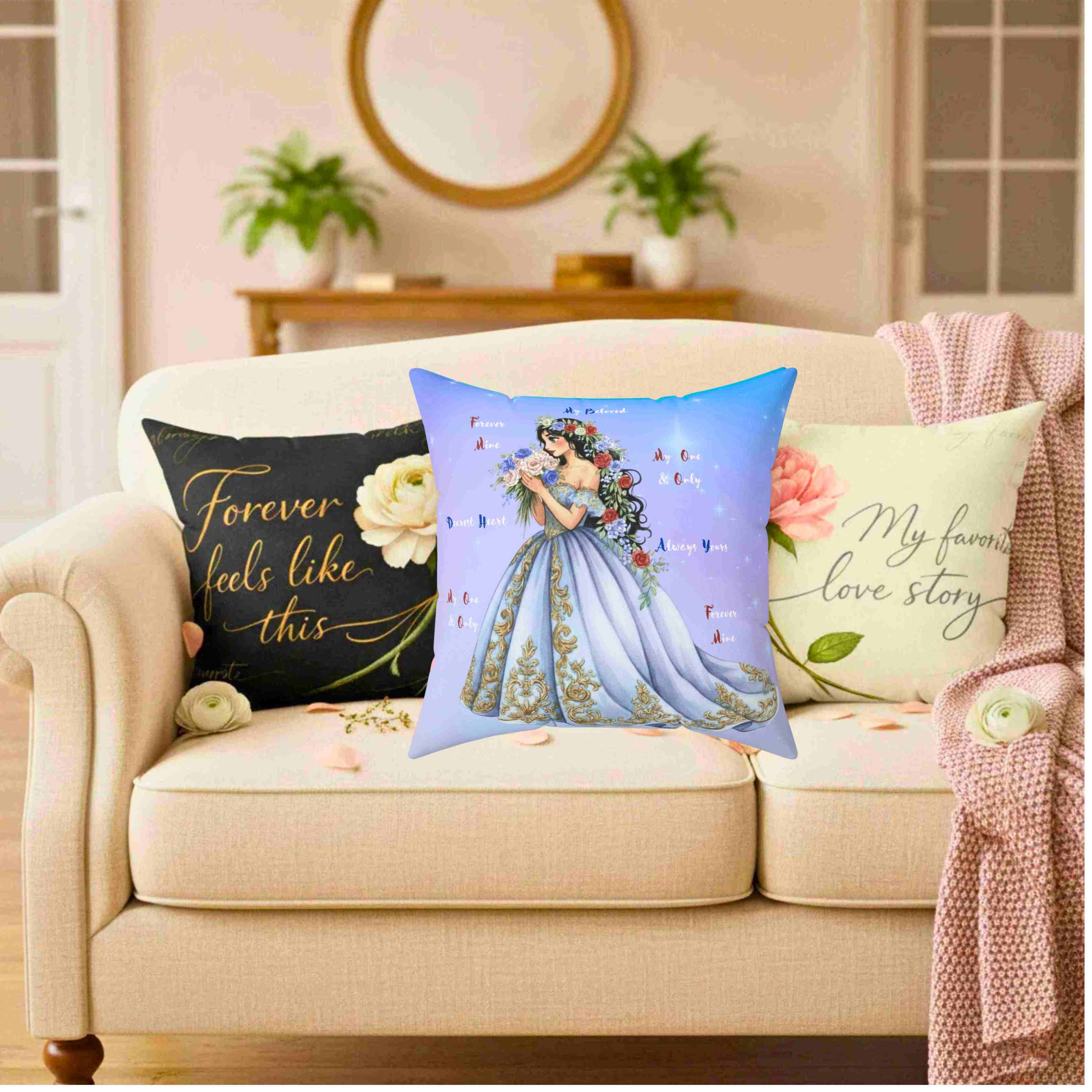 Romantic Princess Floral Gown Decorative Pillow, Square Washable Cushion product thumbnail image