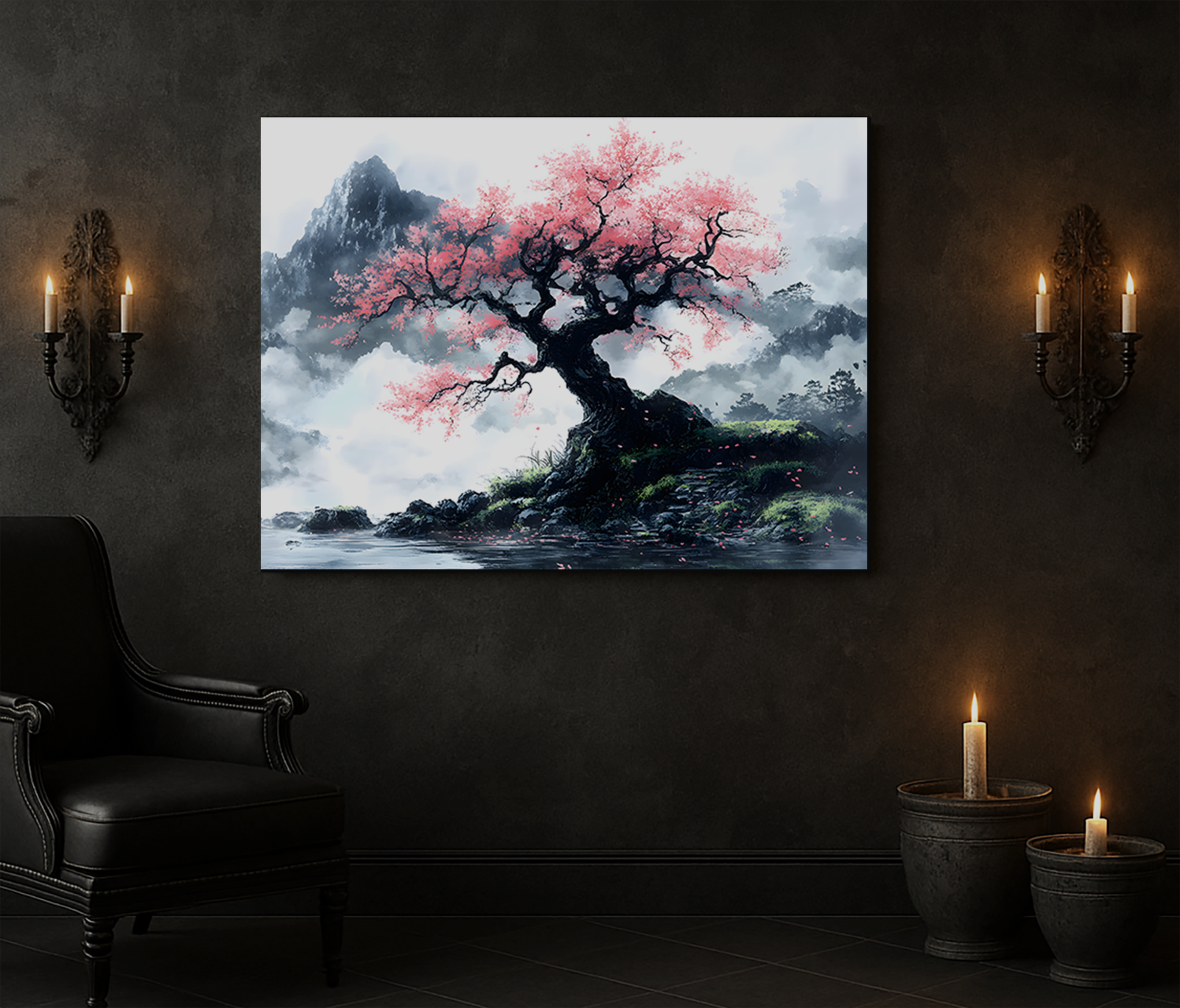 Rolled Poster | Watercolor Vintage Asian Cherry Tree Mountain Landscape