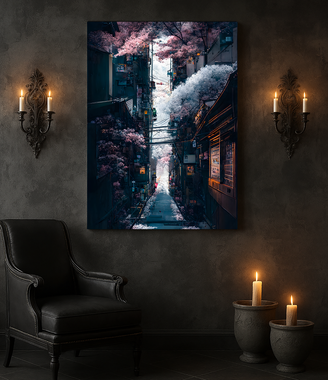 Rolled Poster | City Alley Street Fantasy Pink Cherry Blossom Asian Graphic