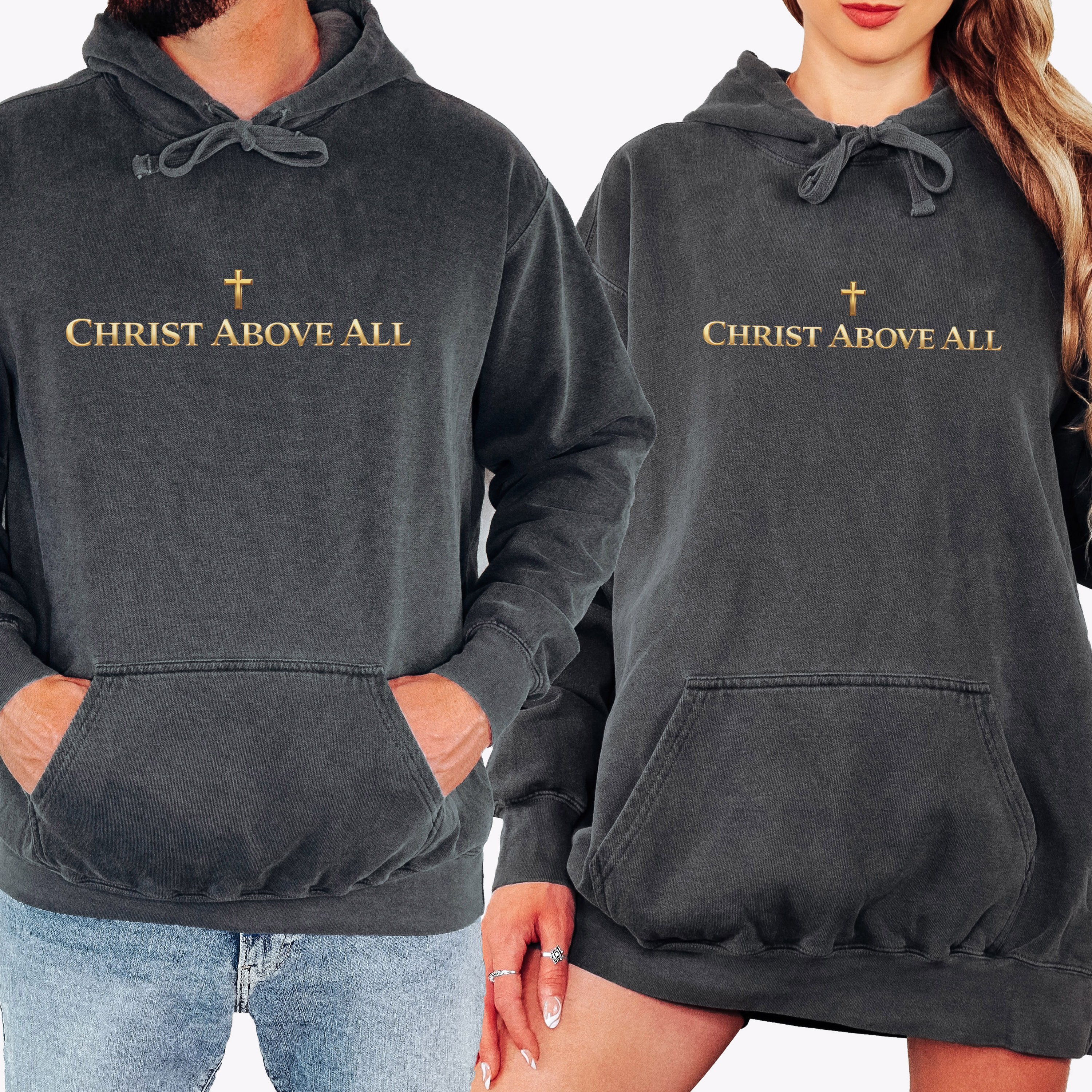 Christian Hoodie Christ Above All | Gold Cross Faith Hoodie | Unisex Comfort Colors 1567 | Minimal Christian Apparel product thumbnail image