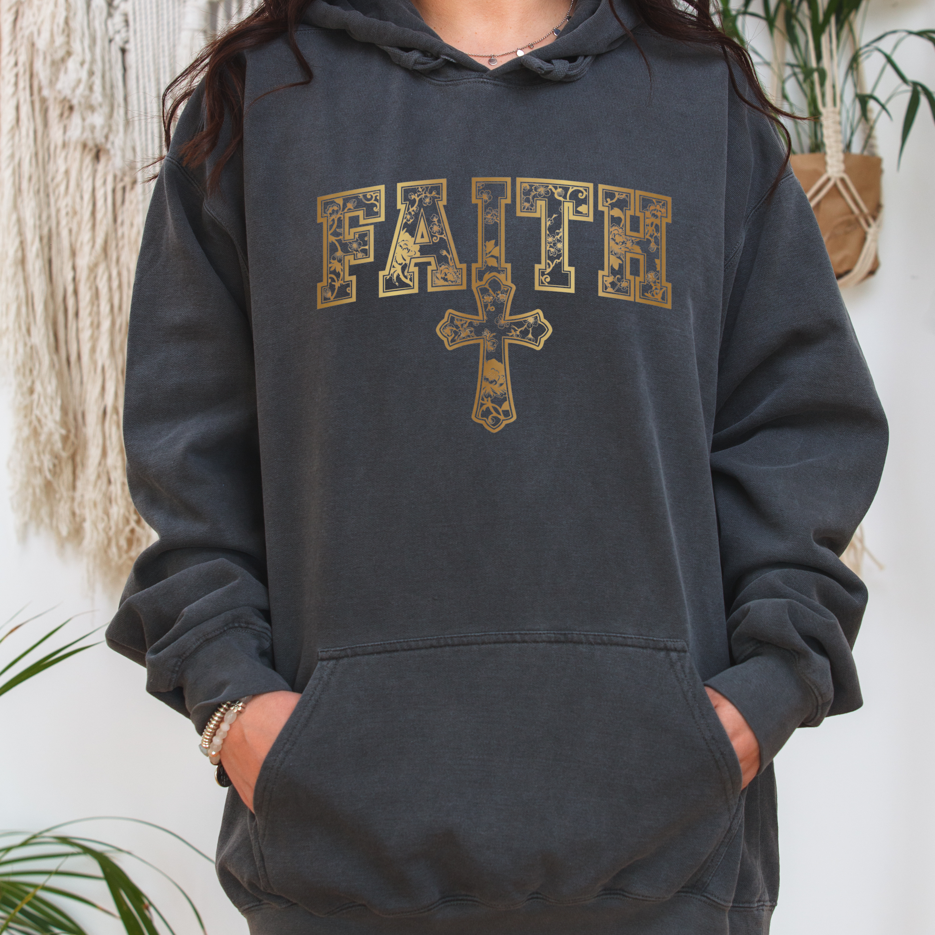 Christian Faith Hoodie Gold Cross Chinoiserie Design | Premium Christian Gift for Women | Comfort Colors 1566 Hoodie product thumbnail image