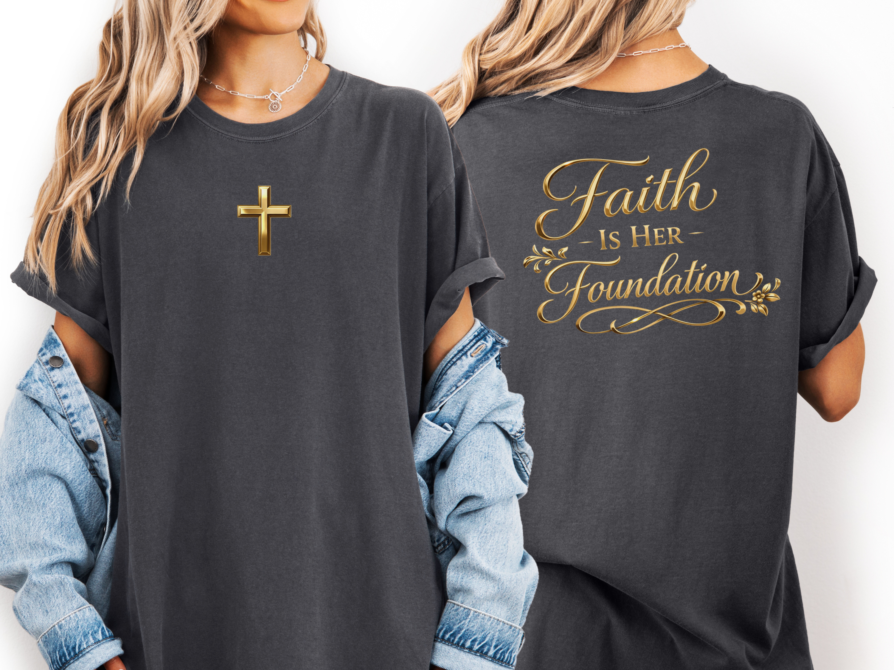 Christian Faith Is Her Foundation Gold T-Shirt | Christian Gift for Women | Heirloom Faith Tee | Comfort Colors 1717 product thumbnail image