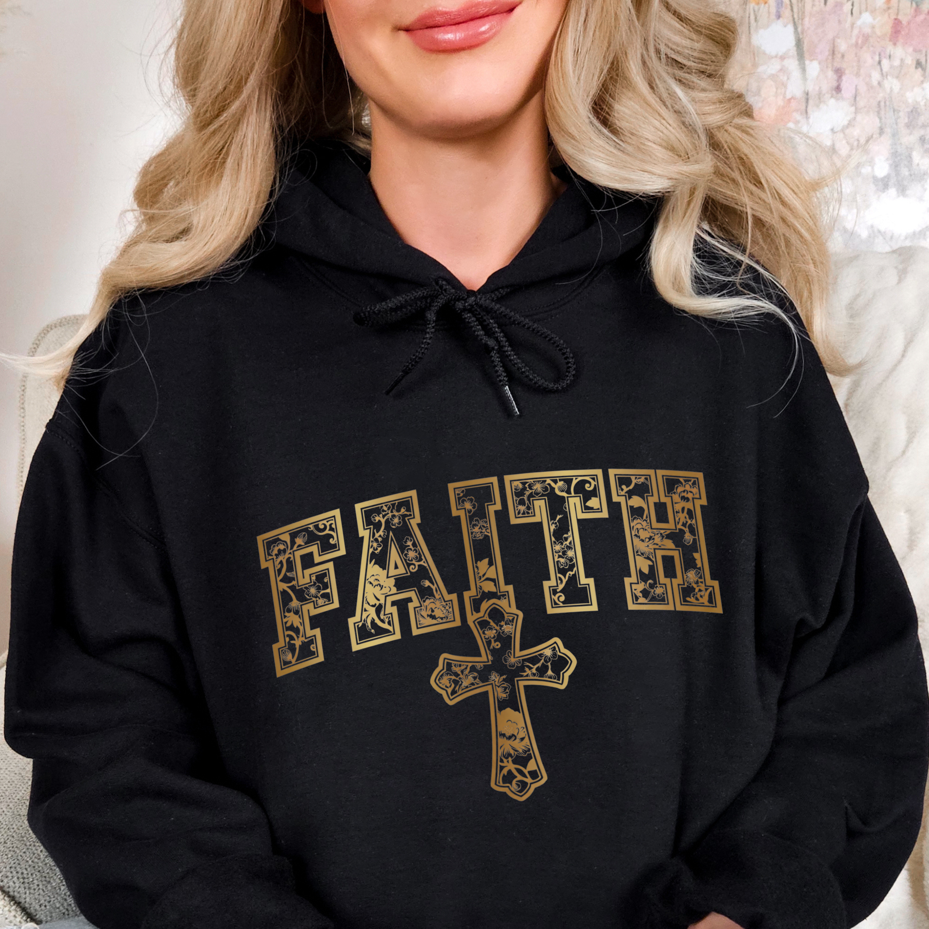 Christian Faith Hoodie Gold Cross Chinoiserie Design | Christian Gift for Women | Gildan 18500 Hoodie product thumbnail image