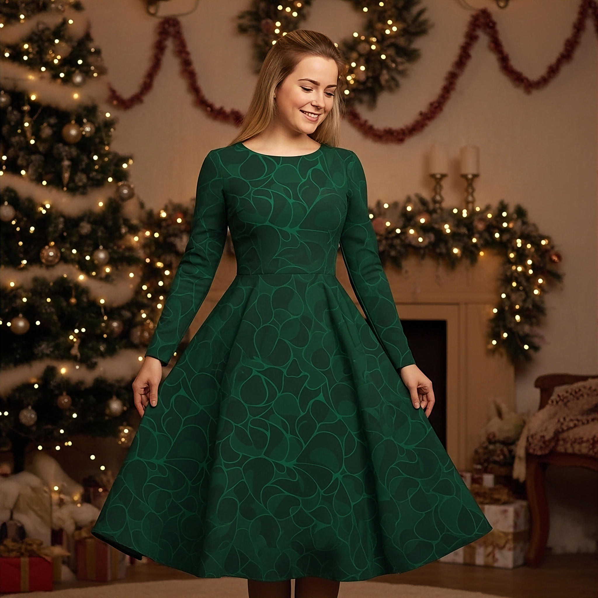 Women's Long Sleeve Dance Dress with Emerald Petal Motif product thumbnail image Women's Long Sleeve Dance Dress with Emerald Petal Motif product thumbnail image