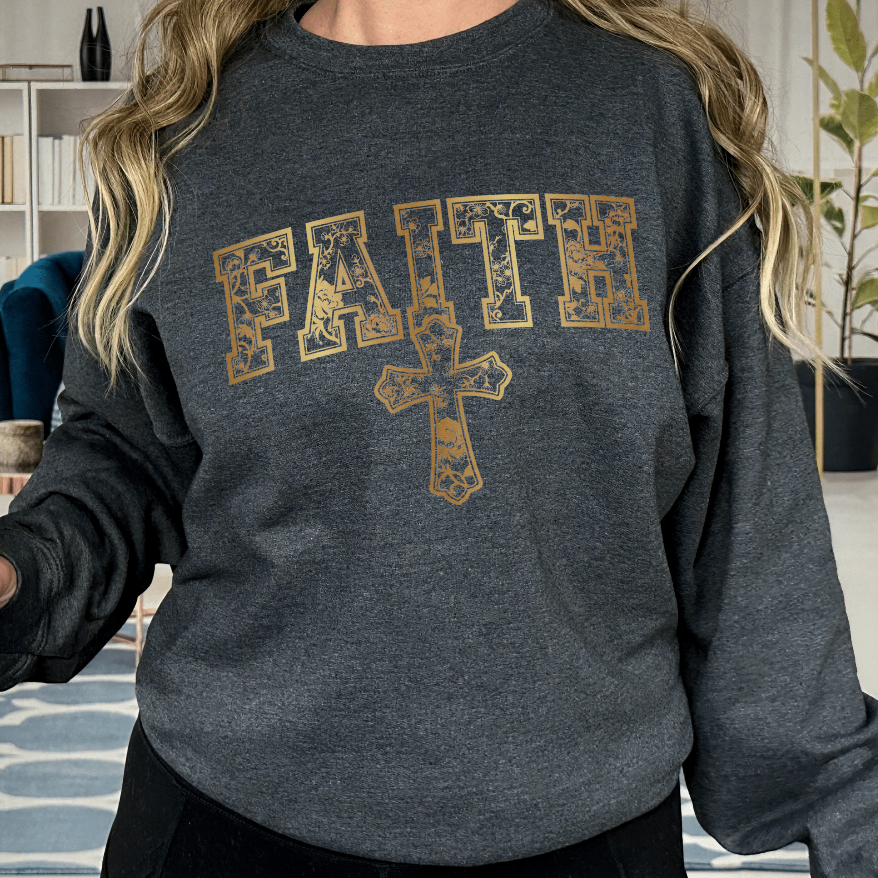 Christian Faith Sweatshirt Gold Cross Chinoiserie Design | Christian Gift for Women | Gildan 18000 Sweatshirt