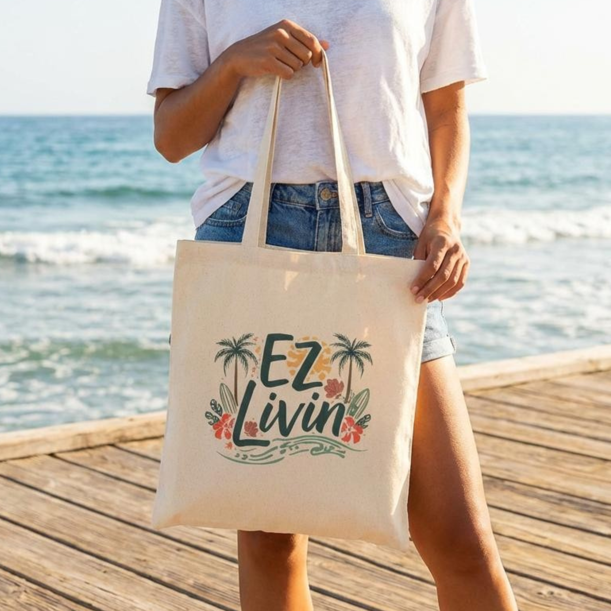 Tote — "EZ Livin" Tropical Canvas Tote Bag | Beachy Palm Trees, Eco-Friendly Market Bag product thumbnail image Tote — "EZ Livin" Tropical Canvas Tote Bag | Beachy Palm Trees, Eco-Friendly Market Bag product thumbnail image