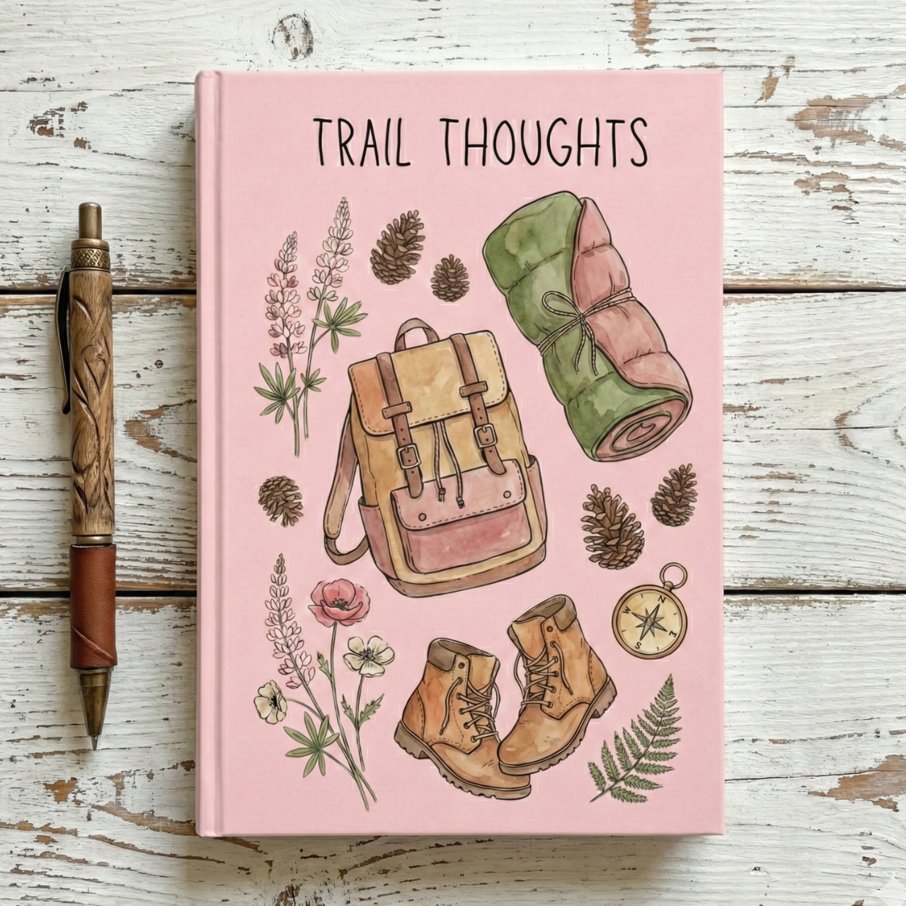 Trail Thoughts Hardcover Journal — Pink Hiking Notebook with Backpack, Boots & Compass Design product thumbnail image Trail Thoughts Hardcover Journal — Pink Hiking Notebook with Backpack, Boots & Compass Design product thumbnail image