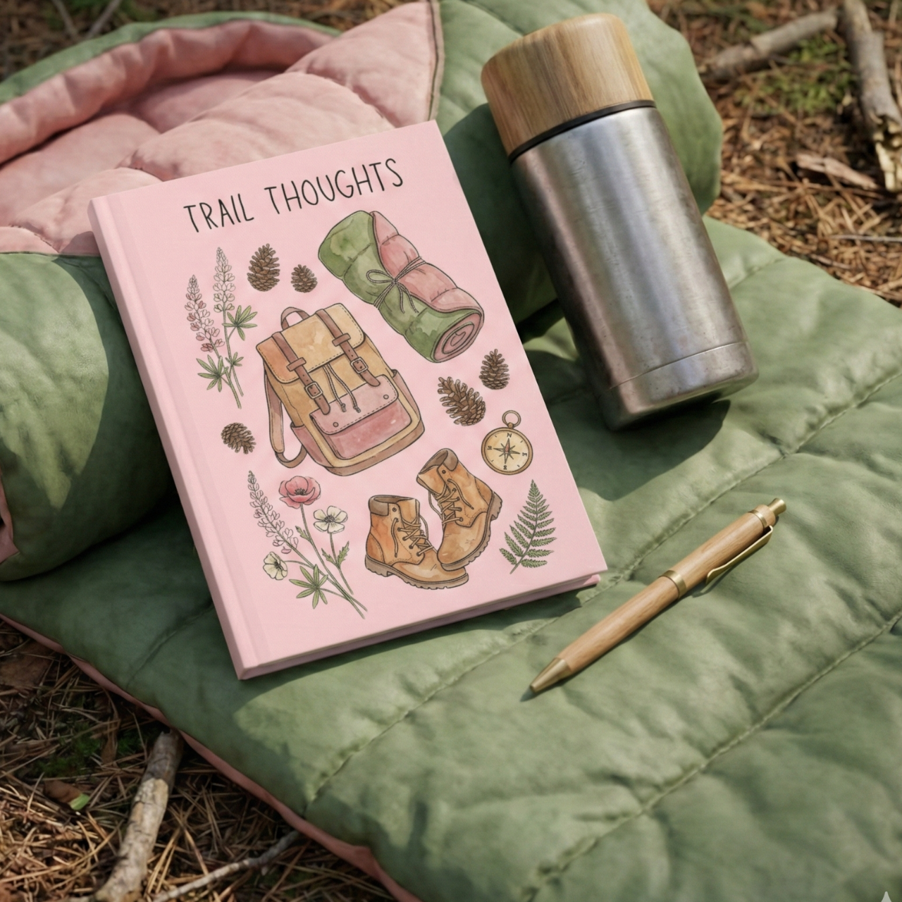 Trail Thoughts Hardcover Journal — Pink Hiking Notebook with Backpack, Boots &amp; Compass Design product thumbnail image