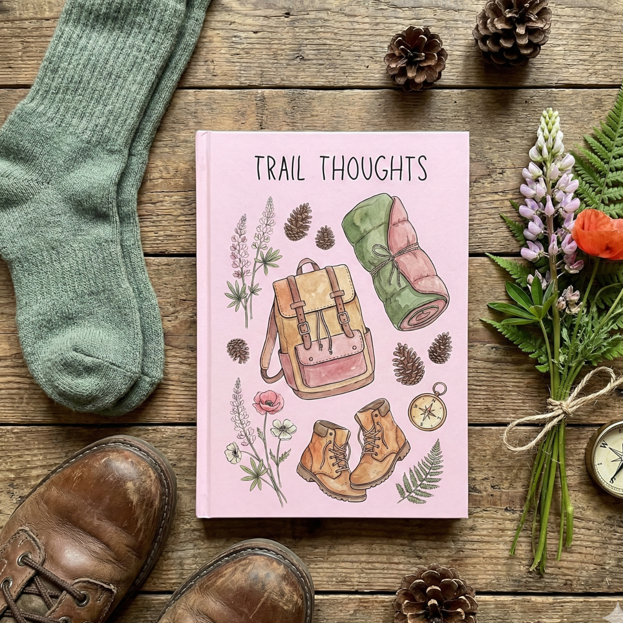 Trail Thoughts Hardcover Journal — Pink Hiking Notebook with Backpack, Boots & Compass Design product thumbnail image Trail Thoughts Hardcover Journal — Pink Hiking Notebook with Backpack, Boots & Compass Design product thumbnail image