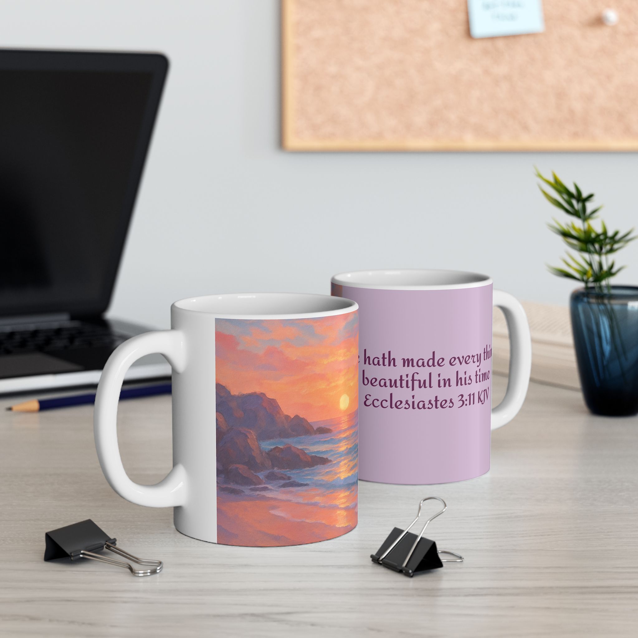  Purple Ceramic Mug, Sunset with Bible Verse Ecc. 3:11