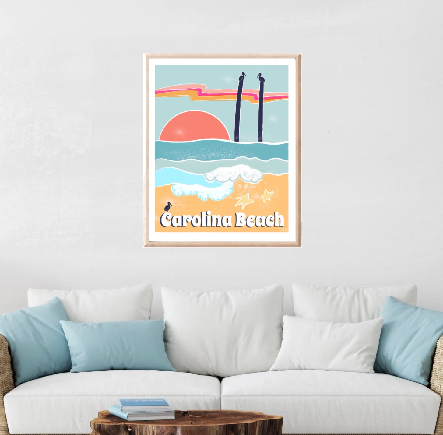 Carolina Beach NC Print: East Coast Waves, Tiki Pier, Pelicans product thumbnail image