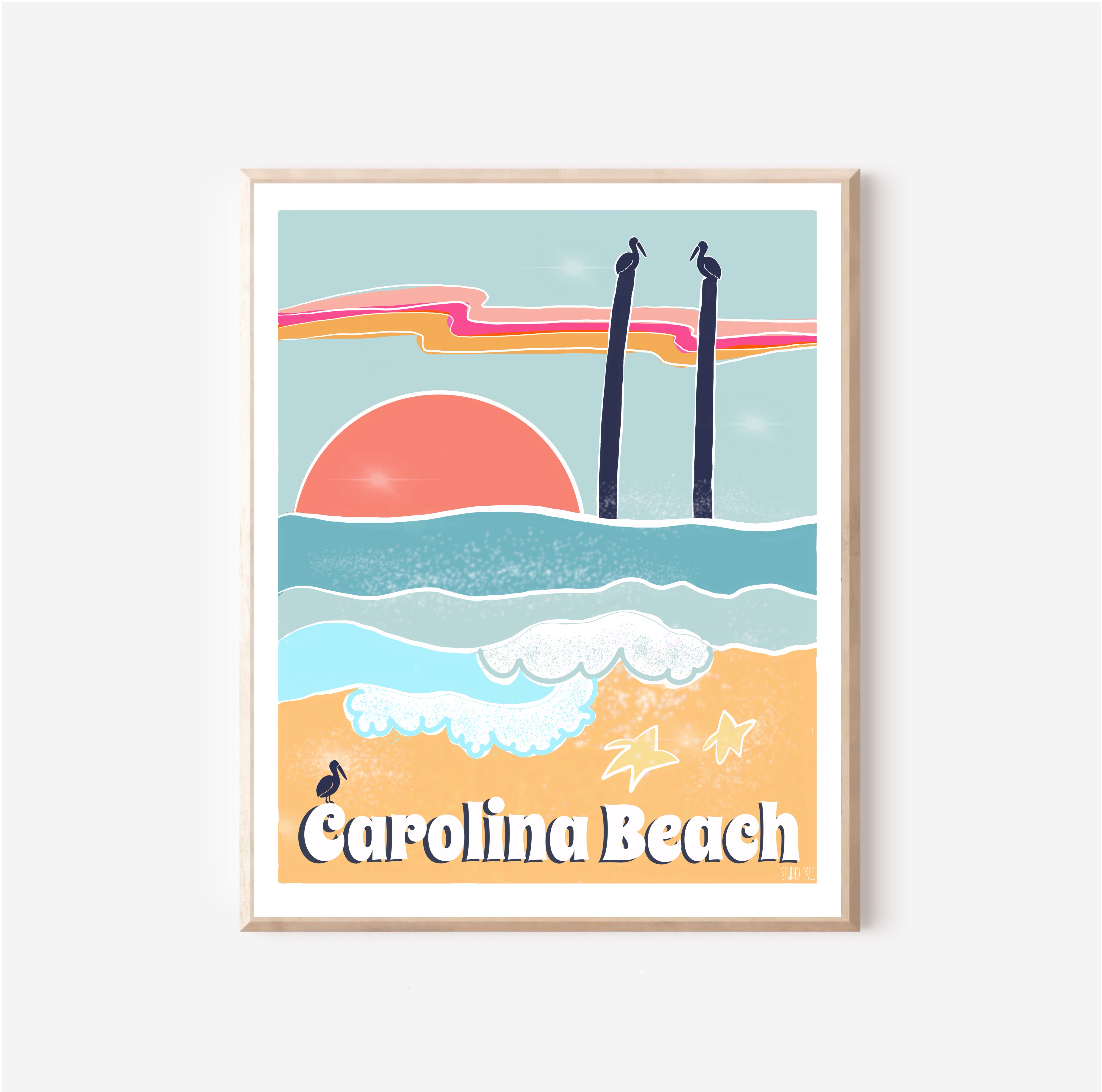 Carolina Beach NC Print: East Coast Waves, Tiki Pier, Pelicans product thumbnail image