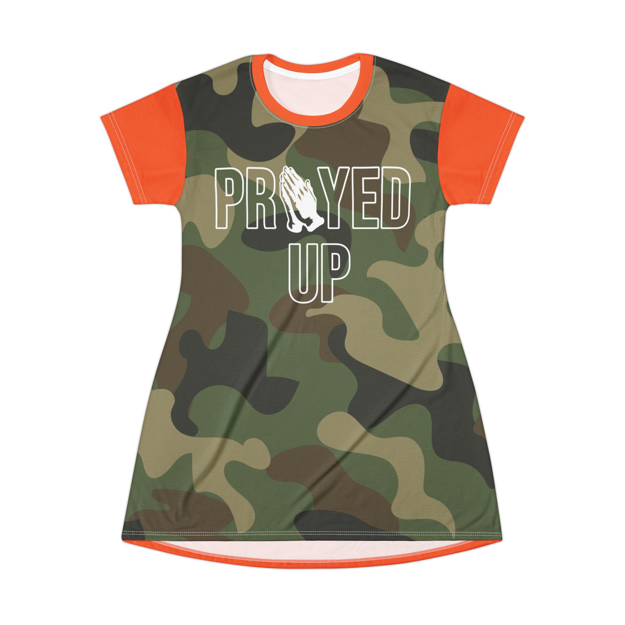Prayed Up Camo T-Shirt Dress: CUSTOMIZABLE sleeve, collar and back color (one color). product thumbnail image