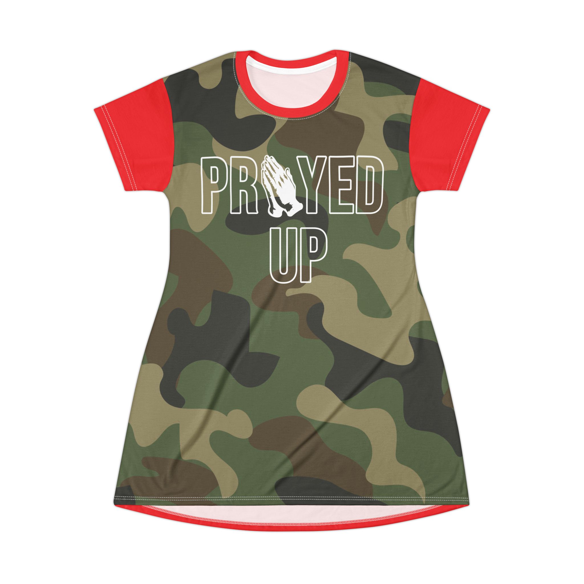 Prayed Up Camo T-Shirt Dress: CUSTOMIZABLE sleeve, collar and back color (one color). product thumbnail image Prayed Up Camo T-Shirt Dress: CUSTOMIZABLE sleeve, collar and back color (one color). product thumbnail image