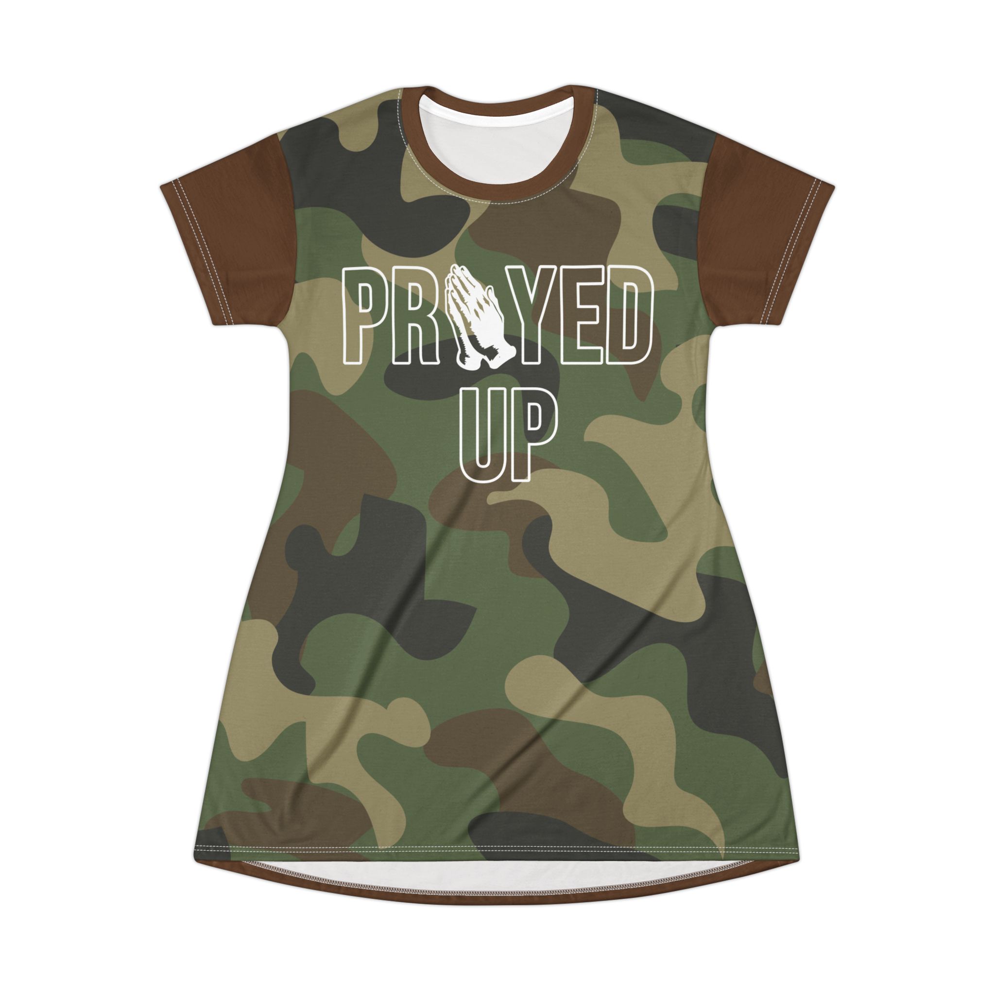 Prayed Up Camo T-Shirt Dress: CUSTOMIZABLE sleeve, collar and back color (one color). product thumbnail image Prayed Up Camo T-Shirt Dress: CUSTOMIZABLE sleeve, collar and back color (one color). product thumbnail image