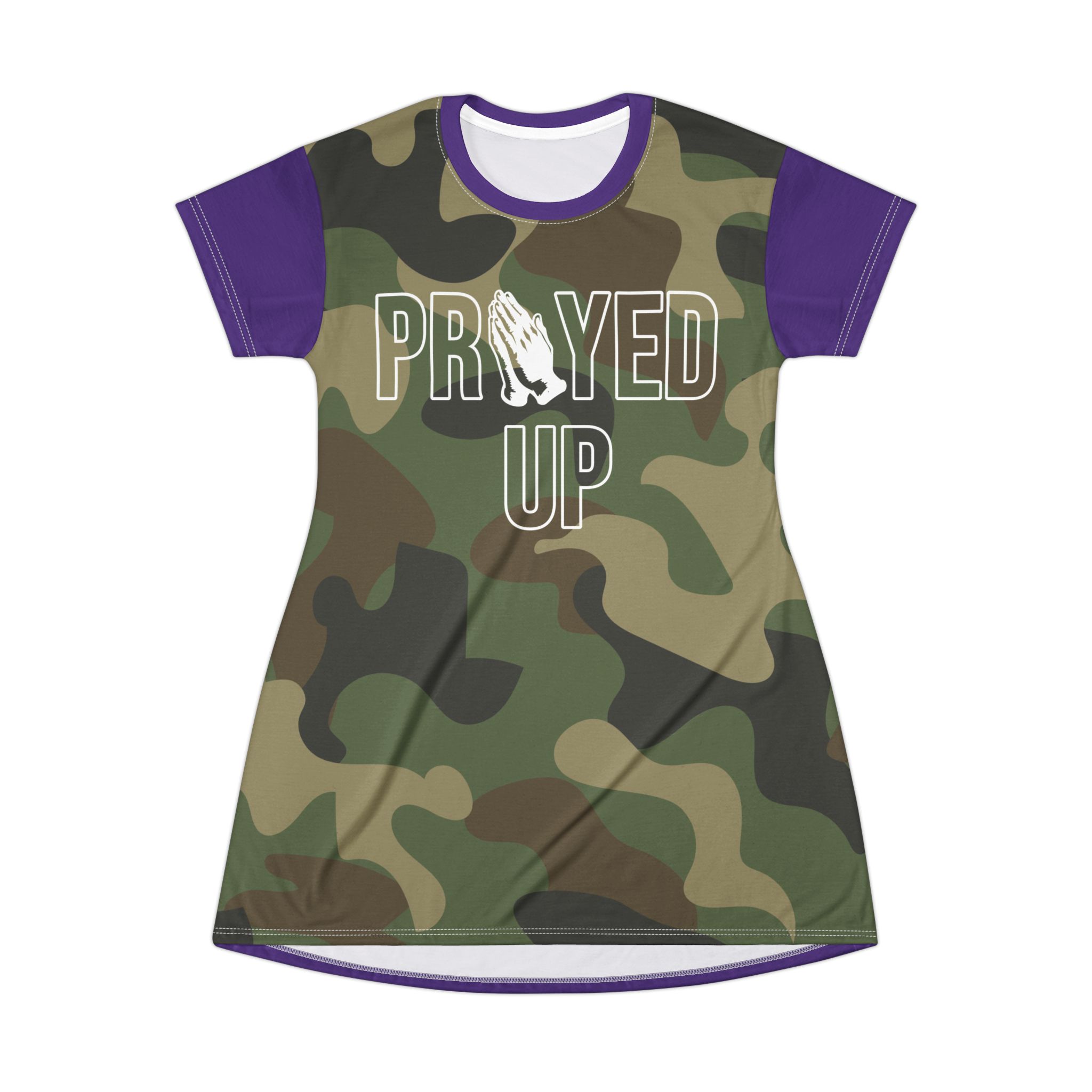 Prayed Up Camo T-Shirt Dress: CUSTOMIZABLE sleeve, collar and back color (one color). product thumbnail image Prayed Up Camo T-Shirt Dress: CUSTOMIZABLE sleeve, collar and back color (one color). product thumbnail image