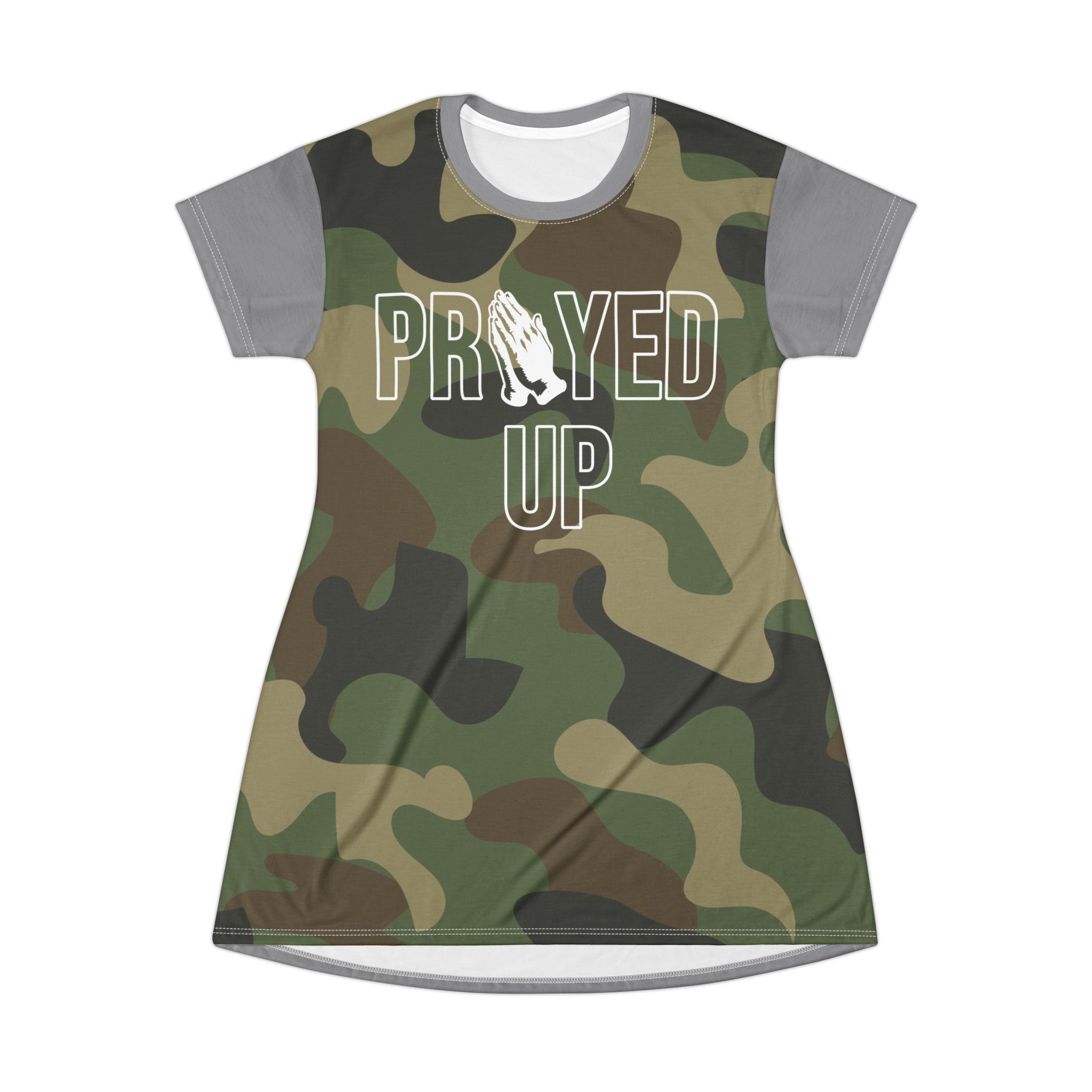 Prayed Up Camo T-Shirt Dress: CUSTOMIZABLE sleeve, collar and back color (one color). product thumbnail image