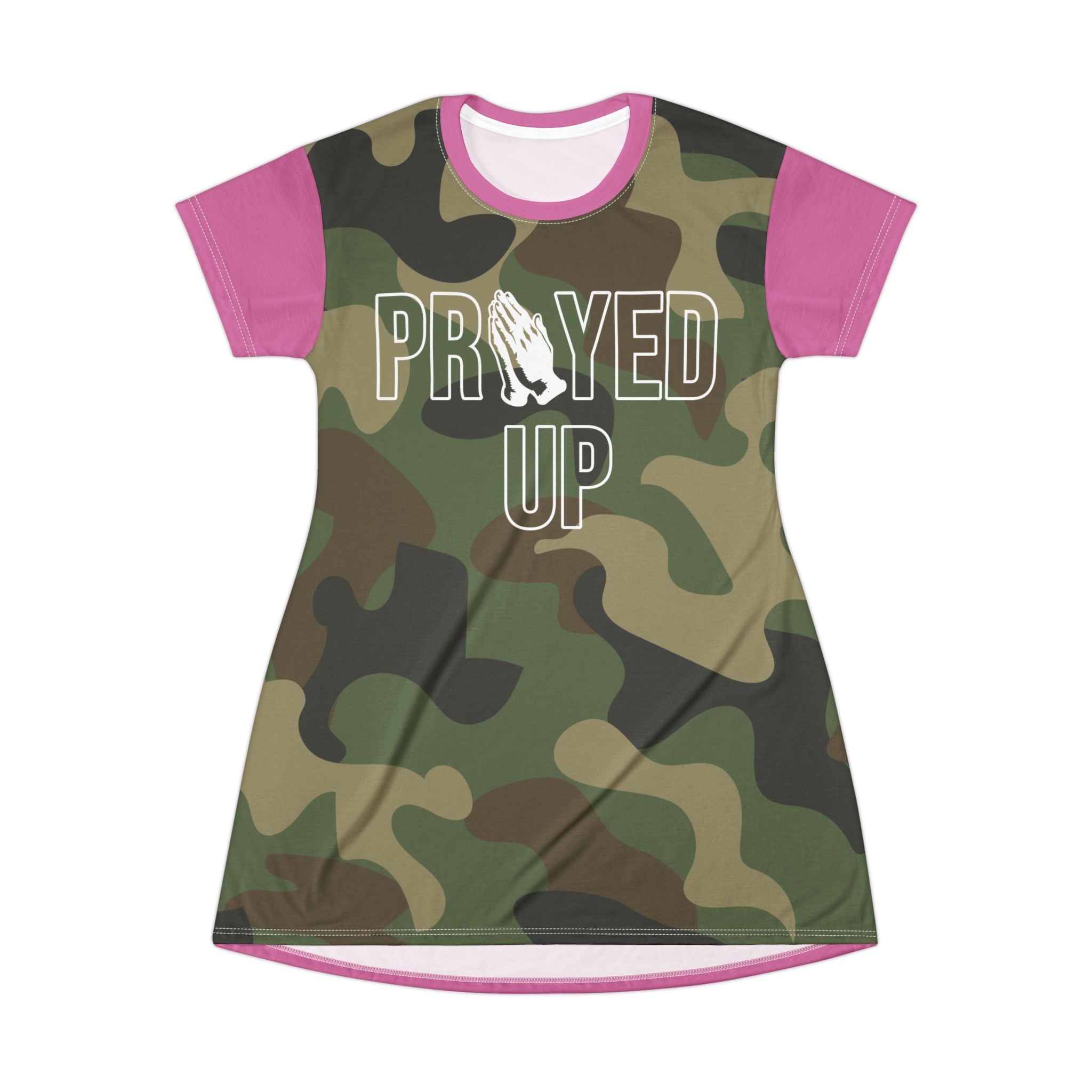 Prayed Up Camo T-Shirt Dress: CUSTOMIZABLE sleeve, collar and back color (one color). product thumbnail image