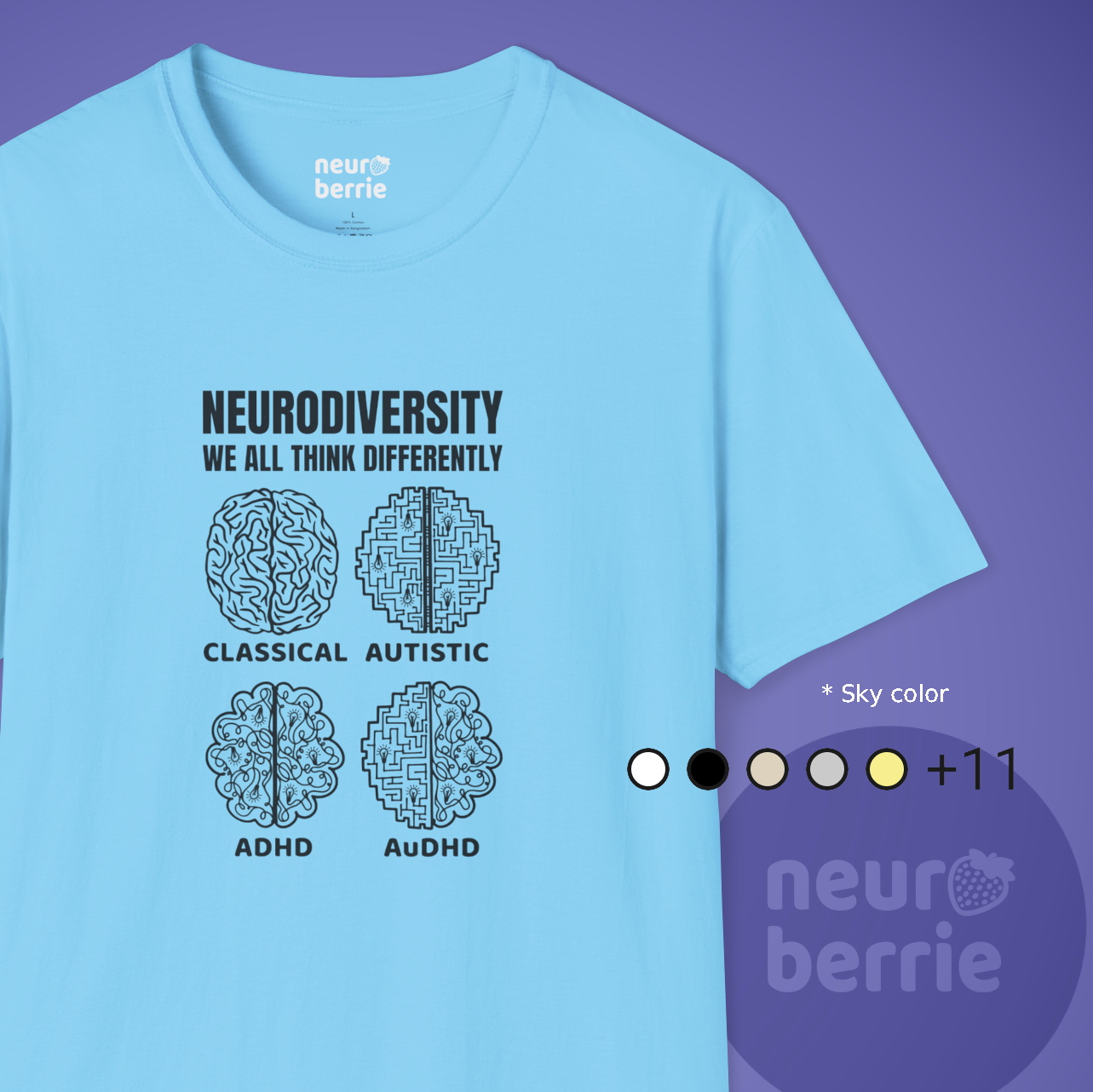 Neurodiversity Brain T-Shirt — "We ALL Think Differently" Autism, ADHD and AuDHD Awareness