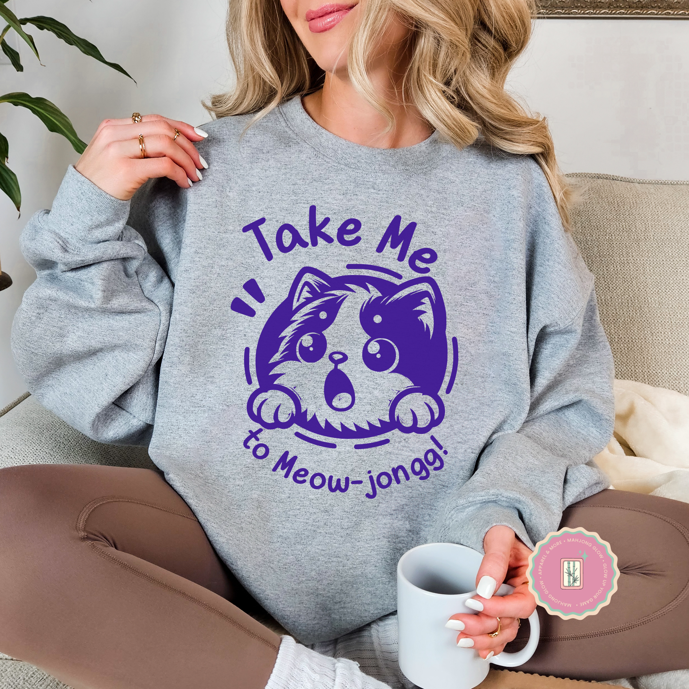 Take Me to Meow-jongg Sweatshirt, Mahjong Cat Lover Gildan 18000 Crewneck for American Mahjong Players, Cute Cozy Gamer Gift product thumbnail image